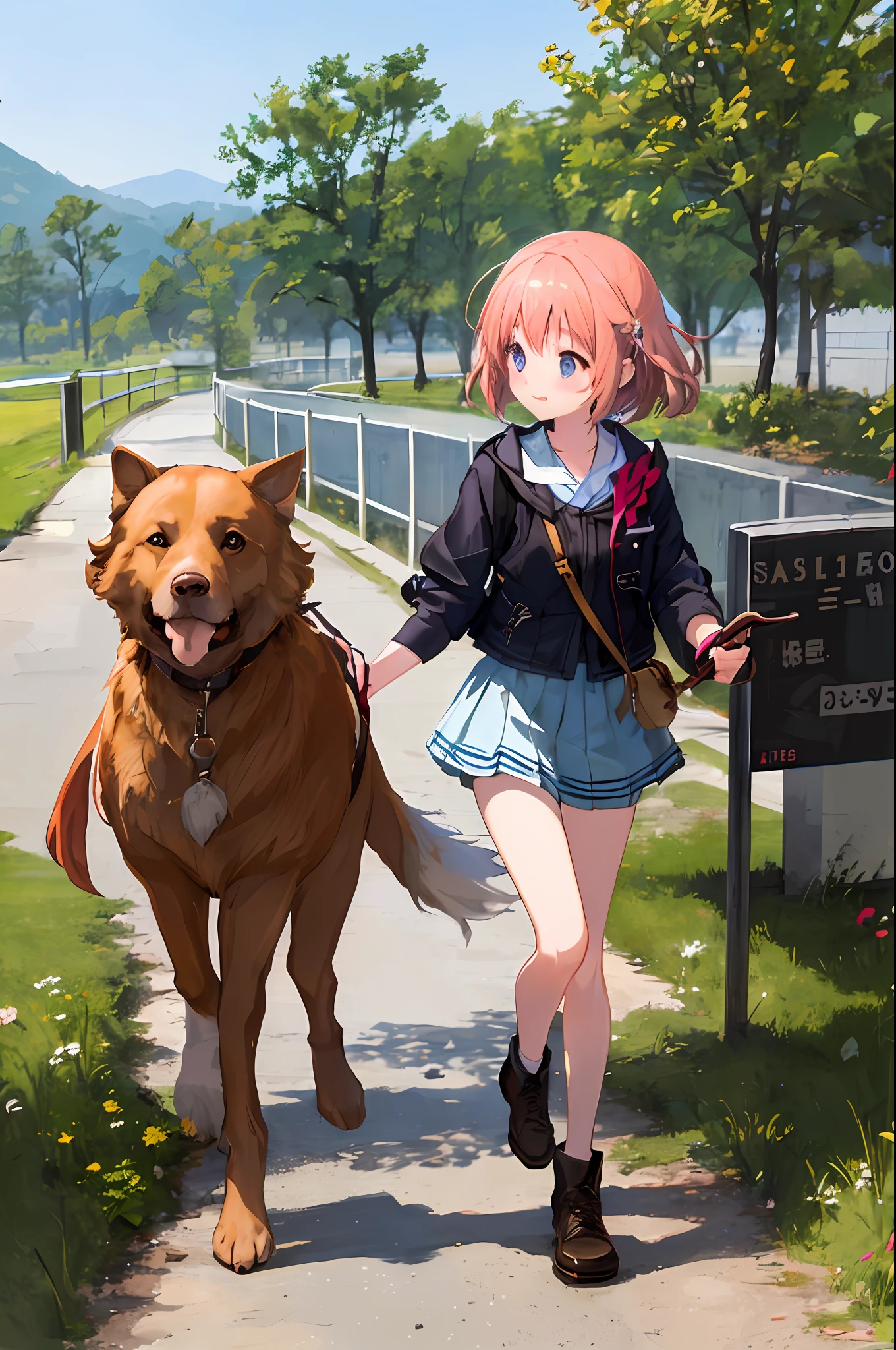 anime girl walking her dog down a path next to a sign, guweiz and makoto shinkai, guweiz on pixiv artstation, high quality anime artstyle, guweiz, guweiz on artstation pixiv, anime style. 8k, makoto shinkai and artgerm, realistic anime artstyle