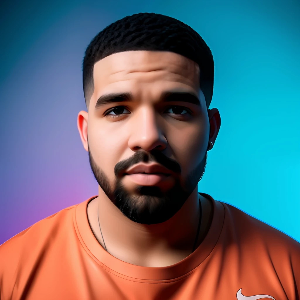 Drake, obese, front face, with a bit of beard, cut head, small head proportion, wearing leather, neon lights, light neon gradient background, original analog style, charming eyes, charming expression. The background should be neutral and simple, paying close attention to details such as the highlights and shadows on his face and hair to create a realistic and realistic image. Experiment with different lighting techniques to enhance the mood and mood of your portraits. Highly detailed skin, skin detail, sharp focus, volumetric fog, 8k uhd, dslr, high quality, film grain, fujifilm xt3, (best quality: 1.4), (masterpiece: 1.4), (detail: 1.3)