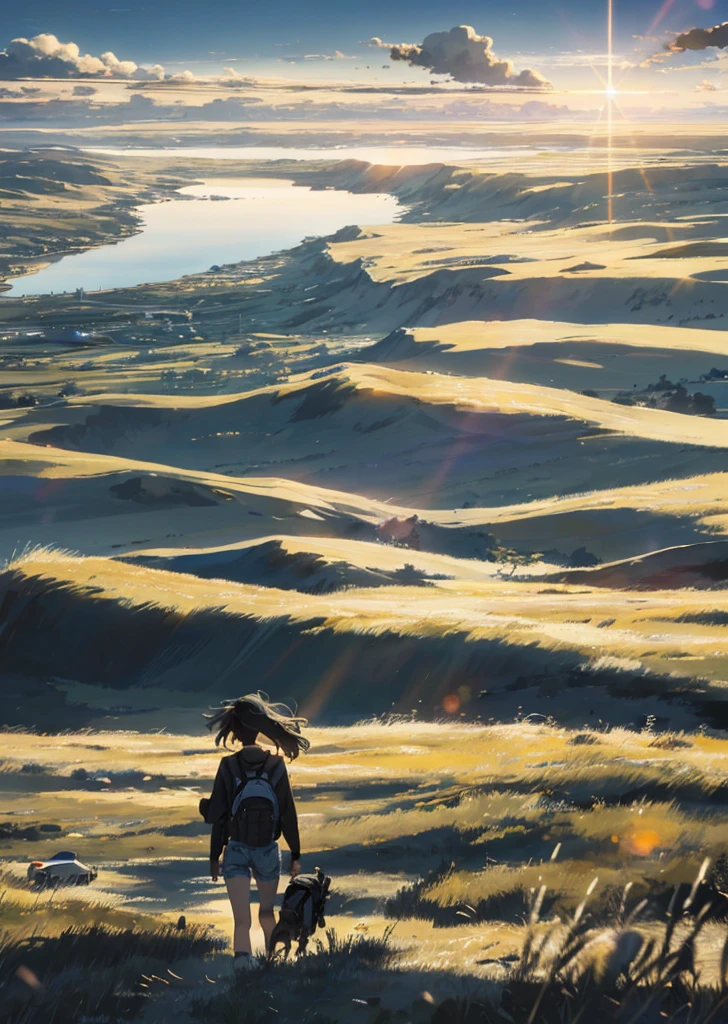 In a very tense and dramatic picture, the vast sky and the beautiful skyline complement each other, and the prairie stretches into the distance. A girl wearing a long-sleeved top, denim shorts, and carrying a backpack leaned to one side, and the Polaris hung high in the distance, shining brightly. Natural light and shadow interweave to illuminate her beautiful silhouette.