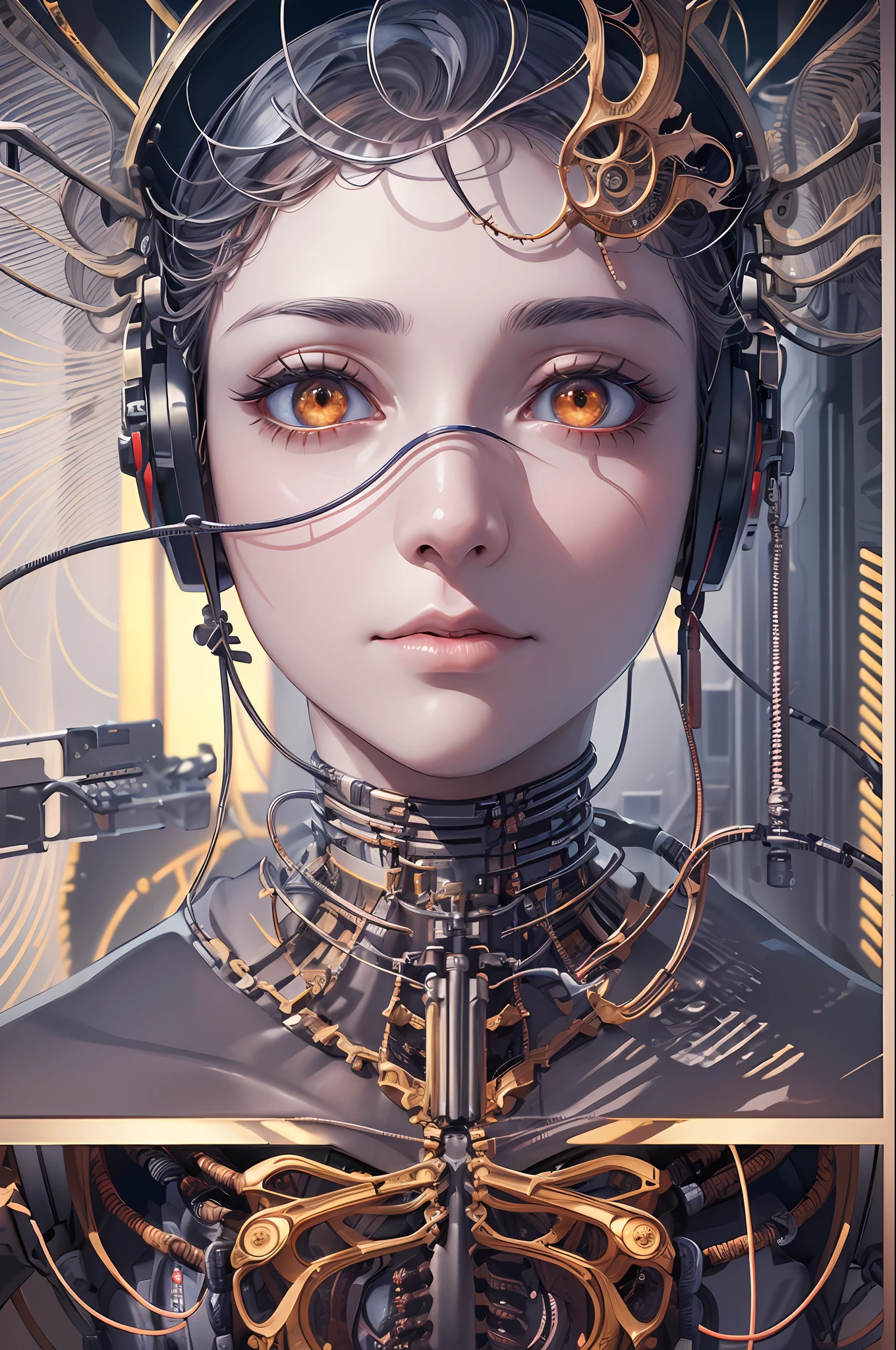 (((masterpiece))), (((best quality))), ((ultra-detailed)), (highly detailed CG illustration), ((an extremely delicate and beautiful)),cinematic light,((1mechanical girl)),solo,(cowboy shot:1.2),(machine made joints:1.2),((machanical limbs)),(blood vessels connected to tubes),(mechanical vertebra attaching to back),((mechanical cervial attaching to neck)),expressionless,(wires and cables attaching to neck:1.2),(wires and cables on head:1.2),(character focus),science fiction,extreme detailed,colorful,highest detailed, loongs,fengs,background, --v 6