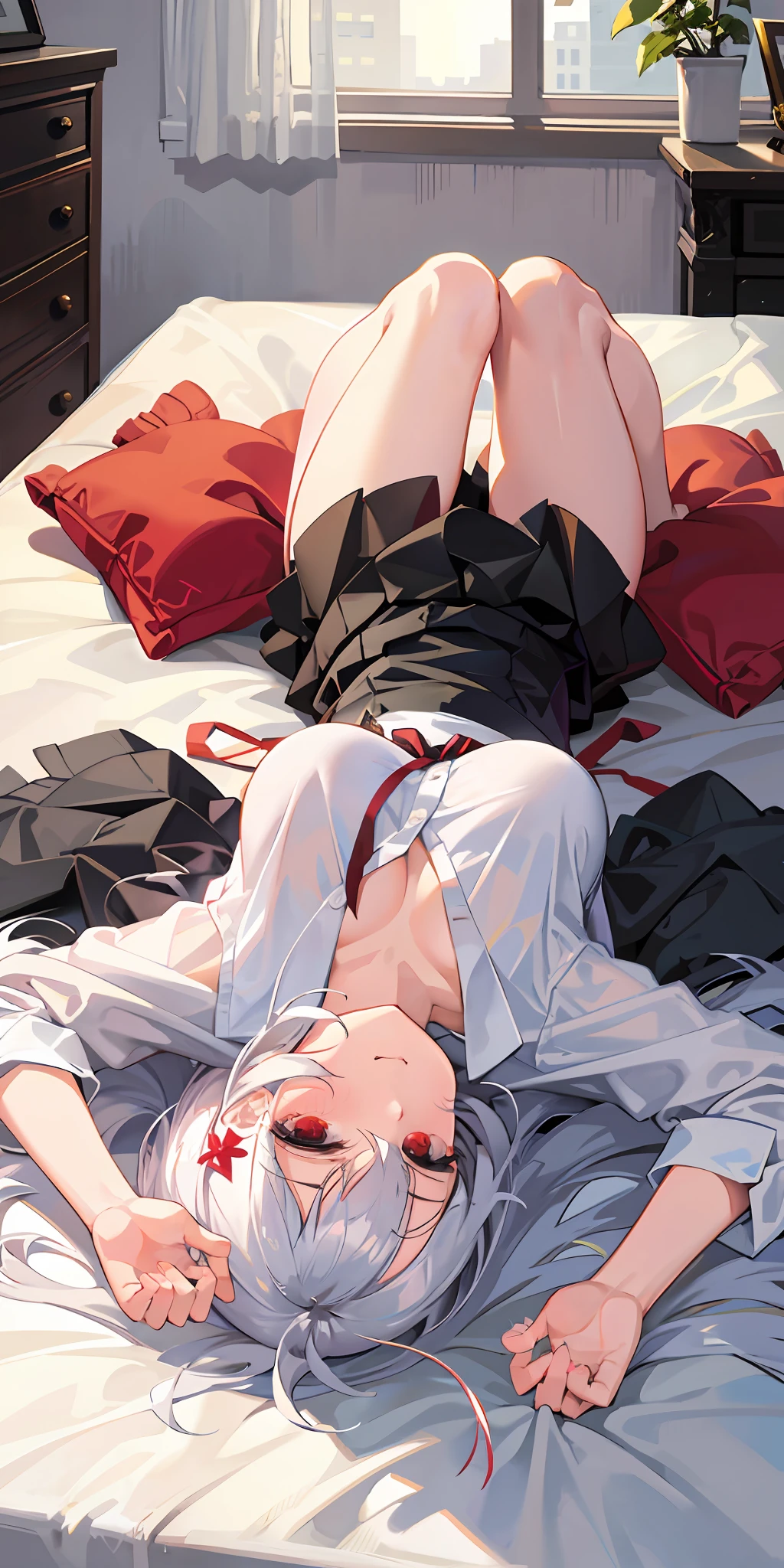 Masterpiece, Best Quality, High Definition, Solo, Indoors, White Shirt, Black Skirt, Red Ribbon, Disheveled Clothes, Underwear, Lying, Angry, Bed, Disheveled Clothing, Heavy Breathing, Closed Mouth, Evening, facing sideways