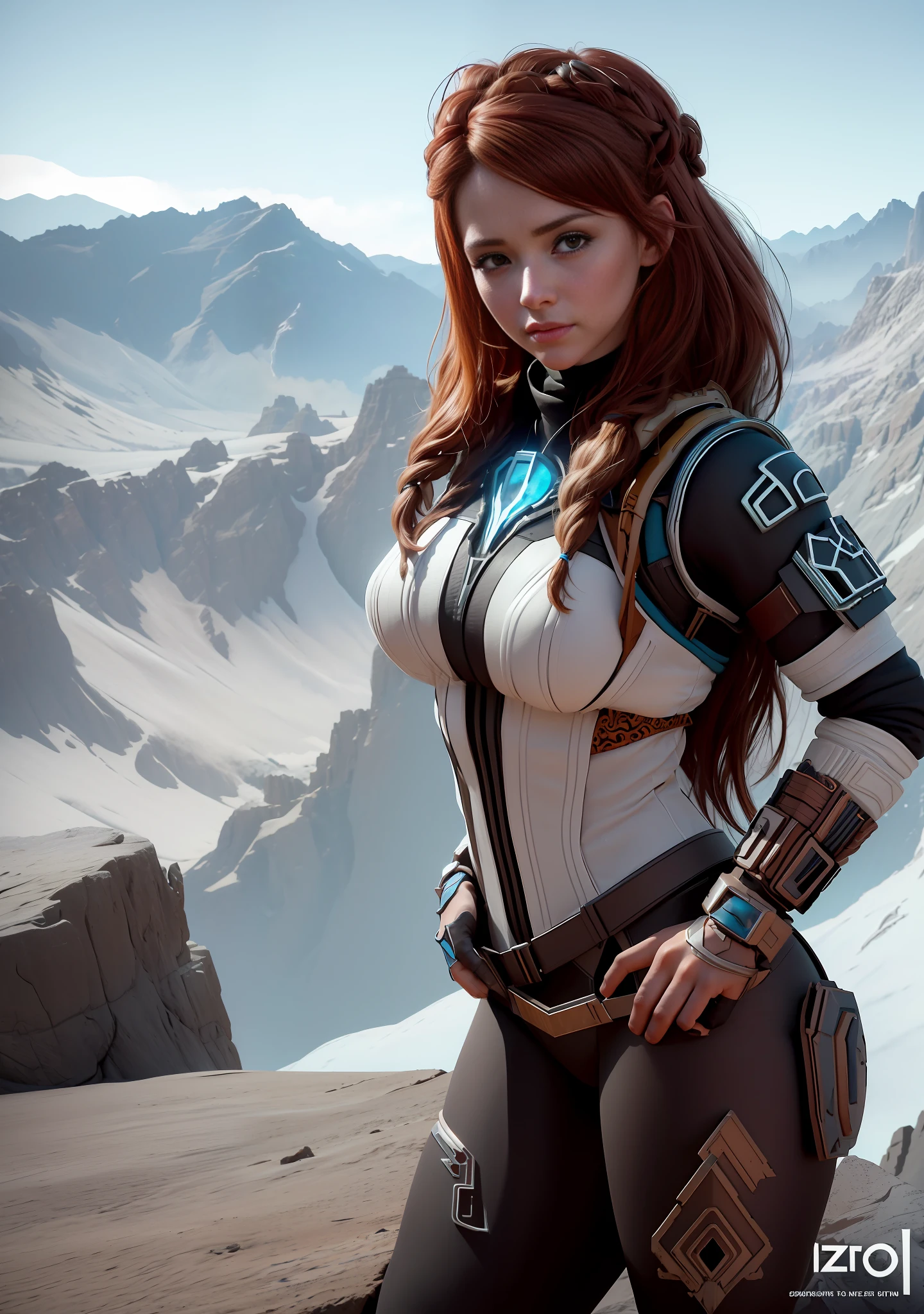 amazing beautiful background,epic movie poster ,professional photo portrait, a sexy argentinian woman as Aloy from horizon zero down, real life photo, liveaction, on a top of a mountain, background for wallpaper, trending on artstation, unreal engine 5, beautiful clear natural lighting, professional lighting, dramatic lighting, FOV, depth of field