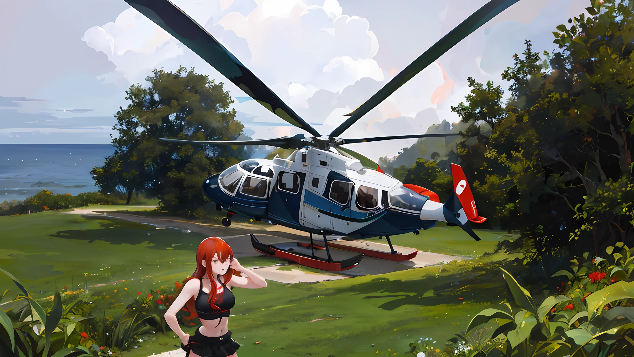 two hot girls in swimwear, red Hair cute tight wet standing left and right from q helicopter