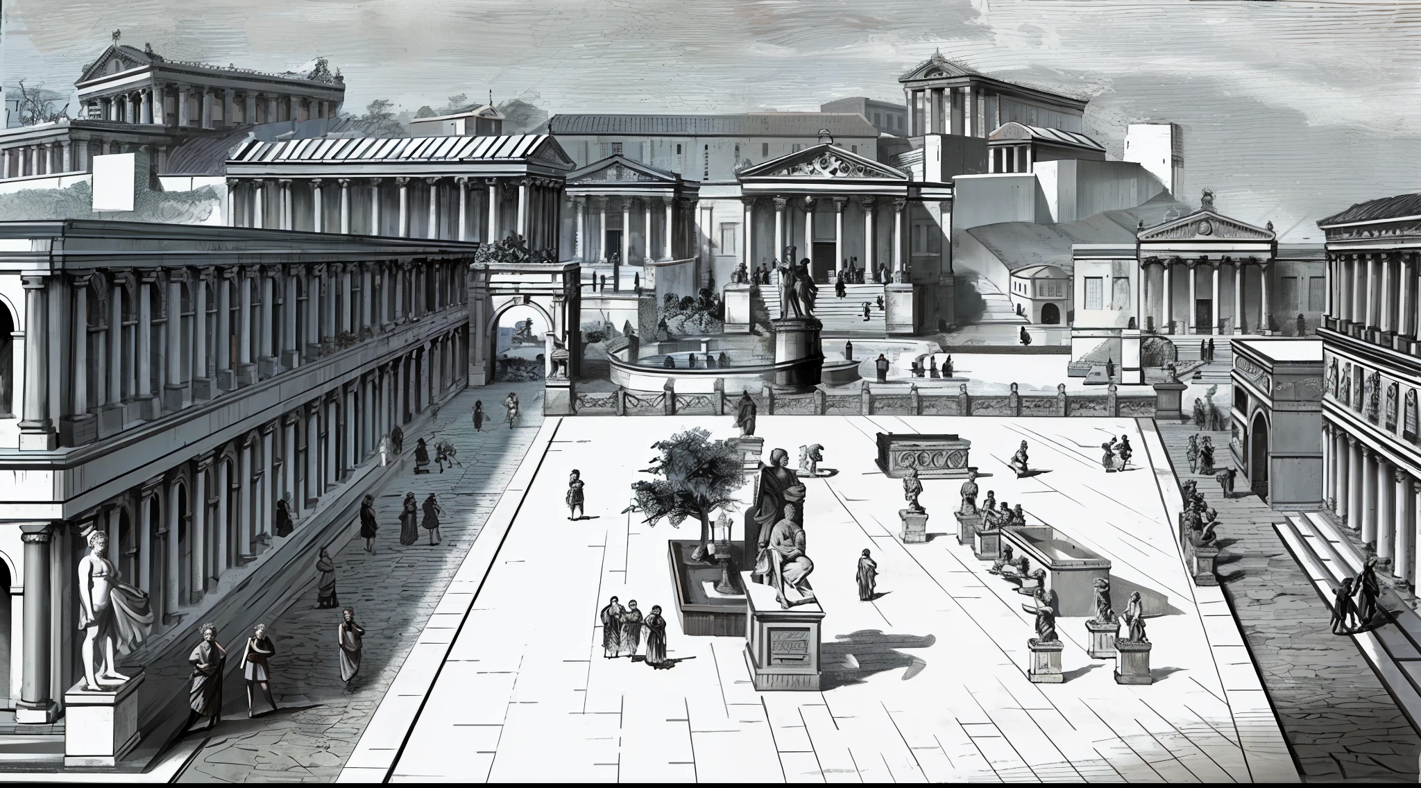 a drawing of a courtyard with a fountain and a statue, market in ancient rome, roman city, ancient roman setting, ancient greek city, ancient roman style, ancient rome, ancient marble city, roman architecture, old roman style, by Piranesi, piranesi style, roman historic works, roman style, neoclassicism style, classical antiquities, by Paulus Decker