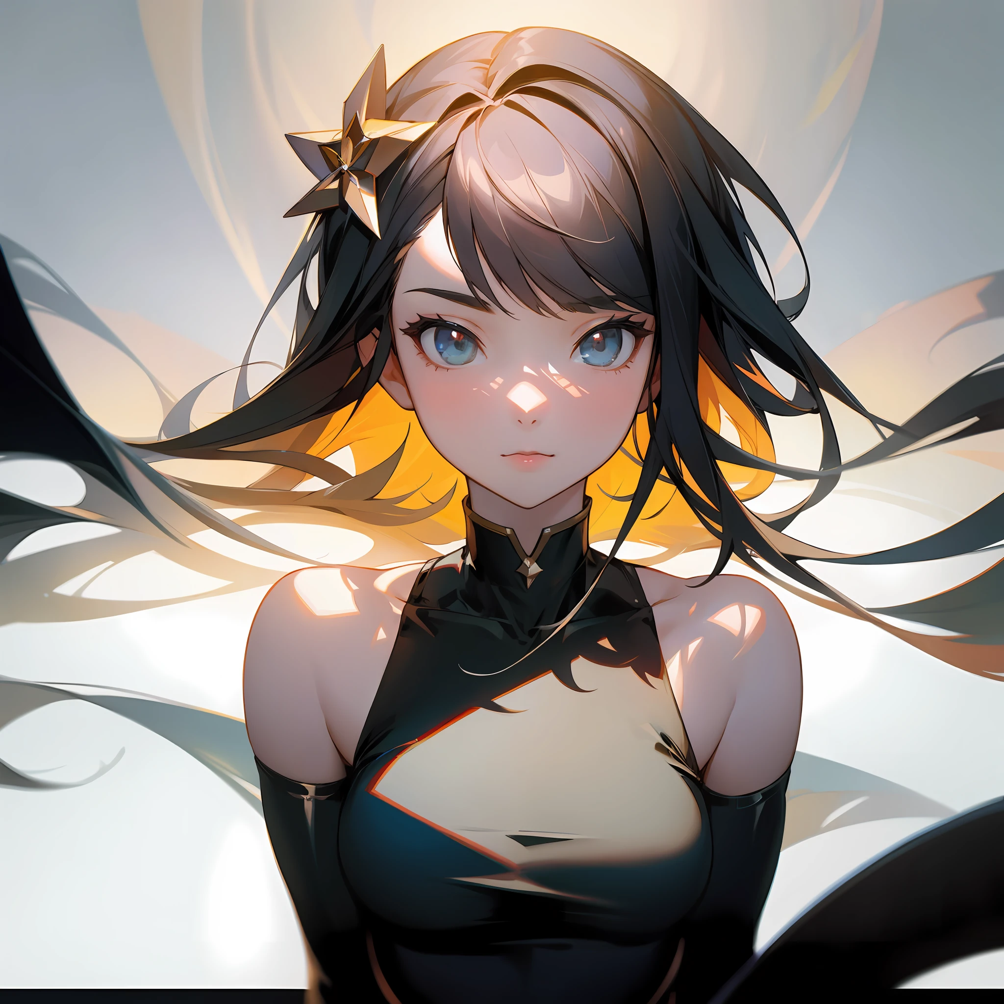 (masterpiece, best quality, official art,  film view, wide shot, depth of field, caustics, cinematic, dramatic),(1girl : 1.4), (simple background,  white background,: 1.2),(look at viewer: 1.2),(beautiful face: 1.2),
portrait, detailed face, 
thighhighs, bare shoulders, hair ornament,

upper body, upper view angle,

CaiEr,