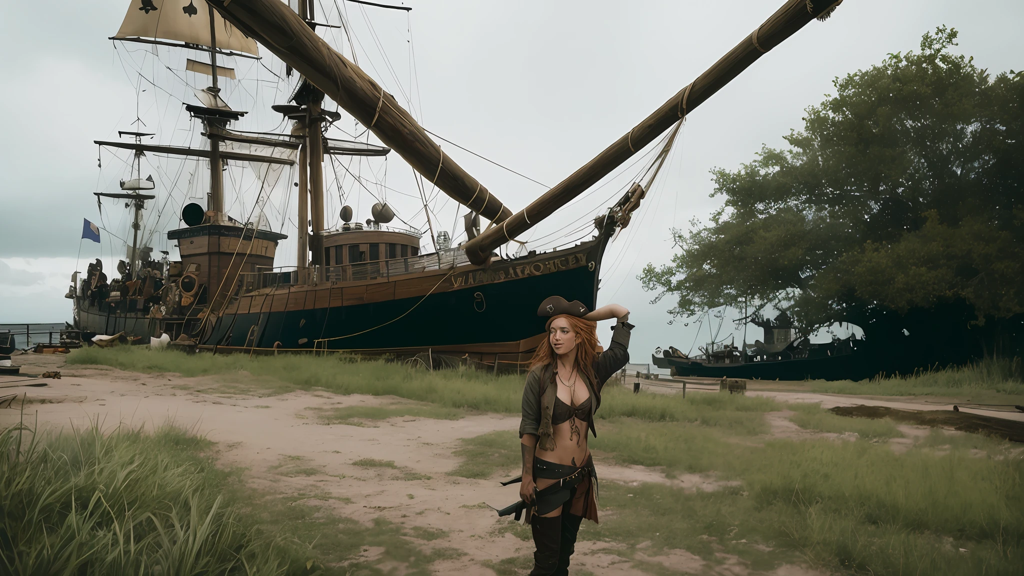 dramatic lighting, highest quality, Cinematic film still, (attractive Anne Bonny, wearing dirty tattered pirate attire, standing on the deck of pirate ship docked at Caribbean port), grimy, dark atmosphere, toned body, (ripped clothing:0.8), perfect face, looking at viewer, (detailed skin), [tattoos], [freckles], ((dirty)), (muddy), (storm clouds:0.7), (stormy weather:0.5), dull, natural lighting, (direct light:0.4), 8mm film grain, photographed on a Sony a9 II, 24mm lens, F/2.8 aperture, deep focus, (RAW), 8k, (still from The Lost Pirate Kingdom)