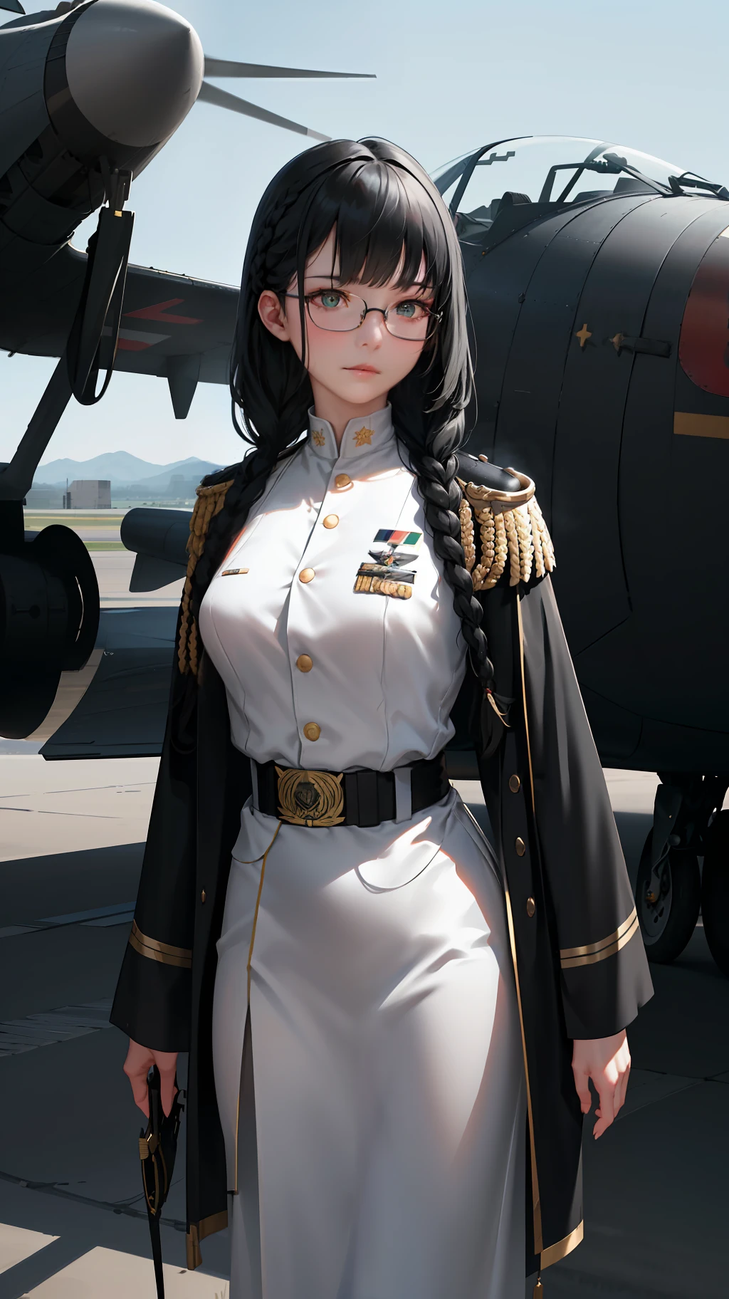 Modest outfit, remote shot, detailed beautiful delicate face, detailed beautiful delicate eyes, perfect facial proportions, high-definition skin, fine skin, four-inch best ratio. With one thumb, a masterpiece, highly detailed, realistic, (World War II German general uniform reference : 1.8), the highest face resolution, adult, modestly dressed woman, dressed entirely, ( small, black hair, black straight bangs, super fine braids, straight bangs, red glasses, dark green eyes), future, science fiction, fighter plane, standing On the landing of a fighter plane, the government agency, a deep intelligent personality, a calm expression, a respectful face, a war, a fighter plane