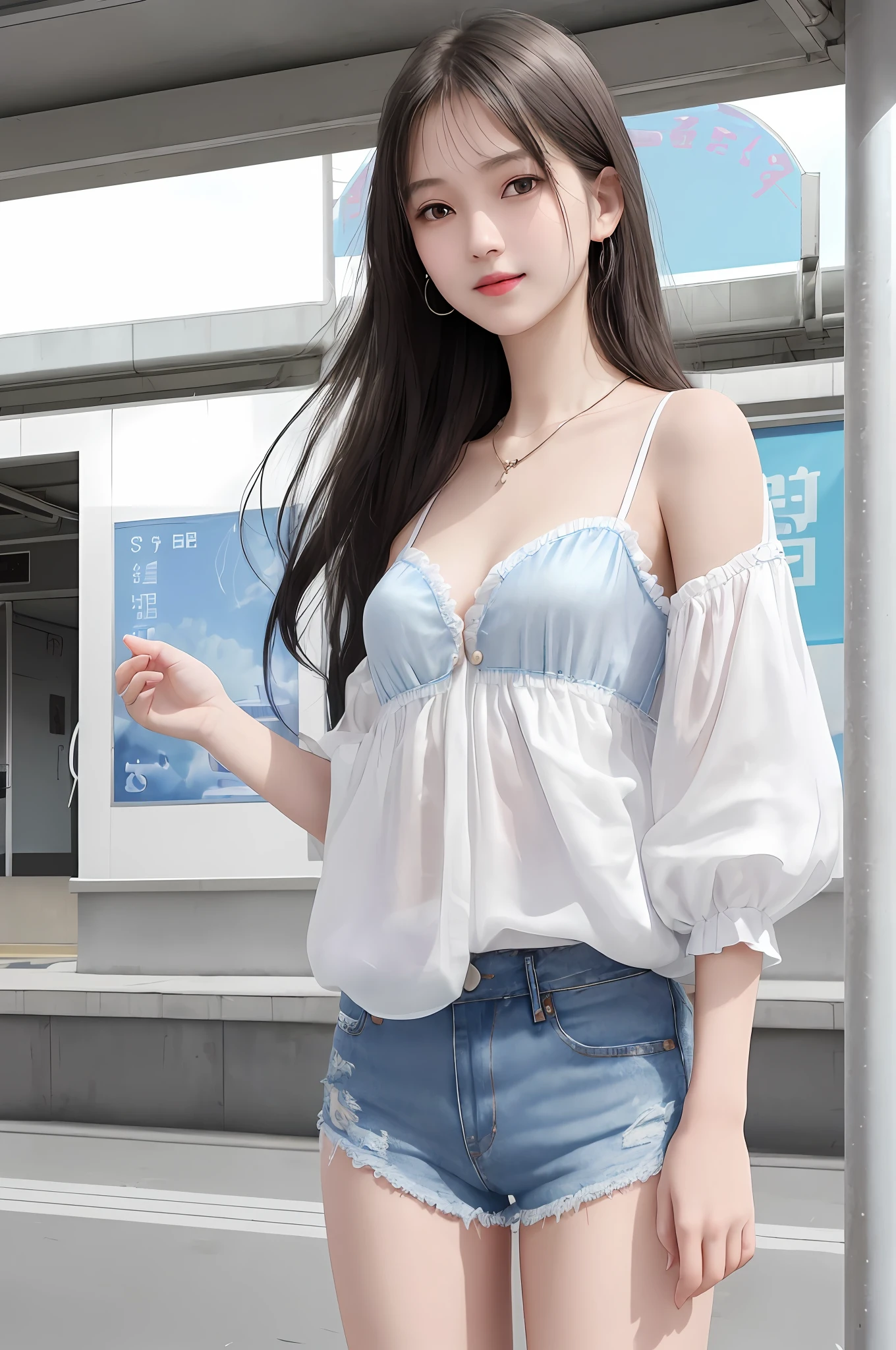 Realistic, textured skin, {best quality}, {highres}, beautiful and charming girl, half body photo, 18 years old, delicate and charming small face, smiling, slender and charming figure, delicate and charming collarbone, sapphire necklace, Air bangs, black hair, bright big eyes, pink lips, double eyelids, deep cleavage, (white silk shirt, sky blue denim shorts), standing in front of the subway station and waiting for the bus, bright background