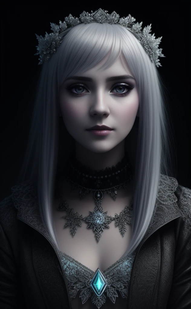 Woman with platinum hair, in a dress of ice flowers, a beautiful crown on her head, detailed face, detailed skin, front, background frozen forest, cover, unzoom, choker, hyperdetailed painting, luminism, Bar lighting, complex, 4k resolution concept art portrait by Greg Rutkowski, Artgerm, WLOP, Alphonse Mucha, little fusion pojatti realistic goth, fractal isometrics details bioluminescens : a stunning realistic photograph 30 years