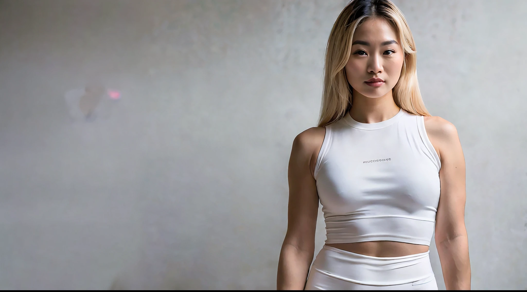 a young Thai woman with blond hair and a super fit physique wearing a white top and yoga pents, large breasts