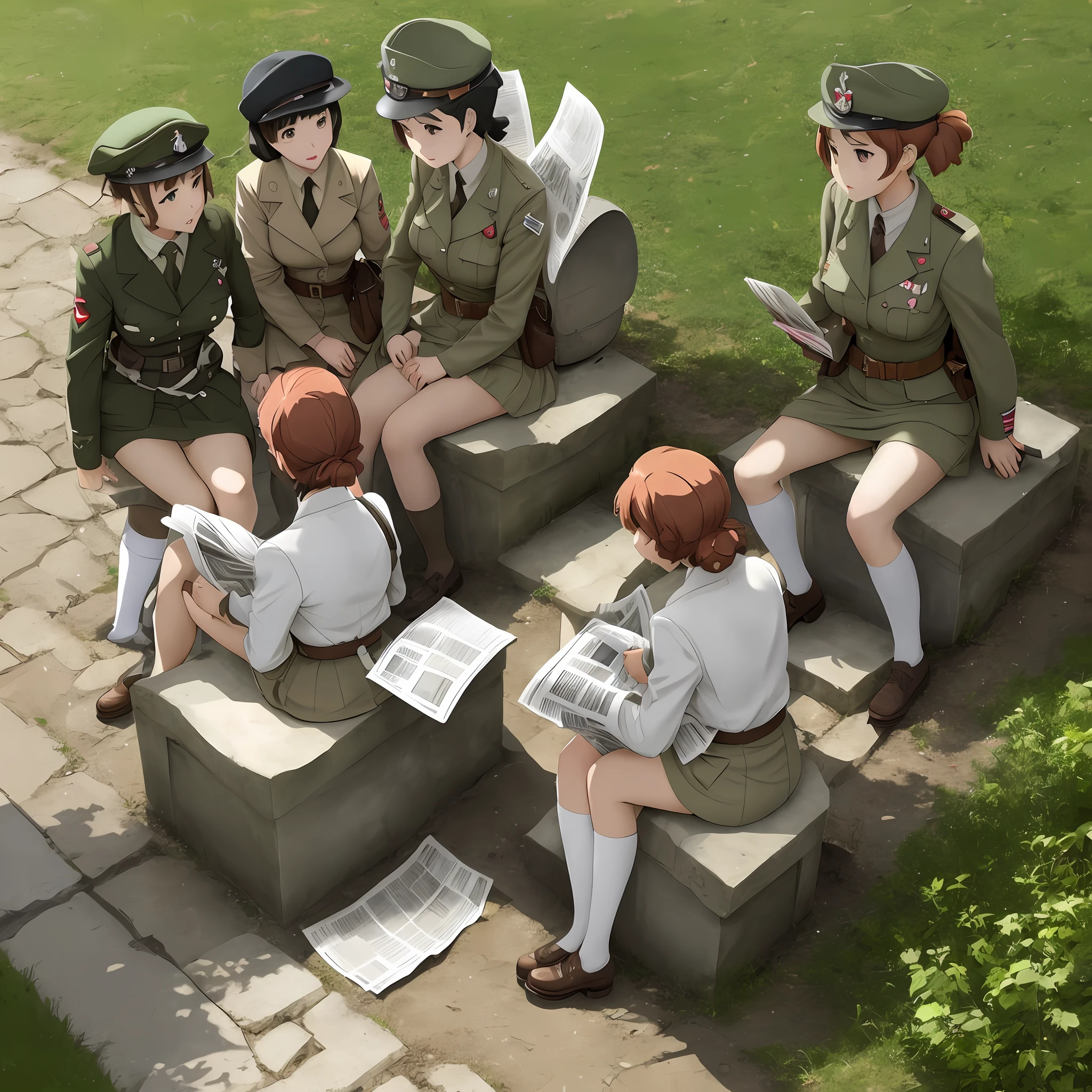 bare butt ww2 anime girls sitting on outdoor latrine reading newspaper