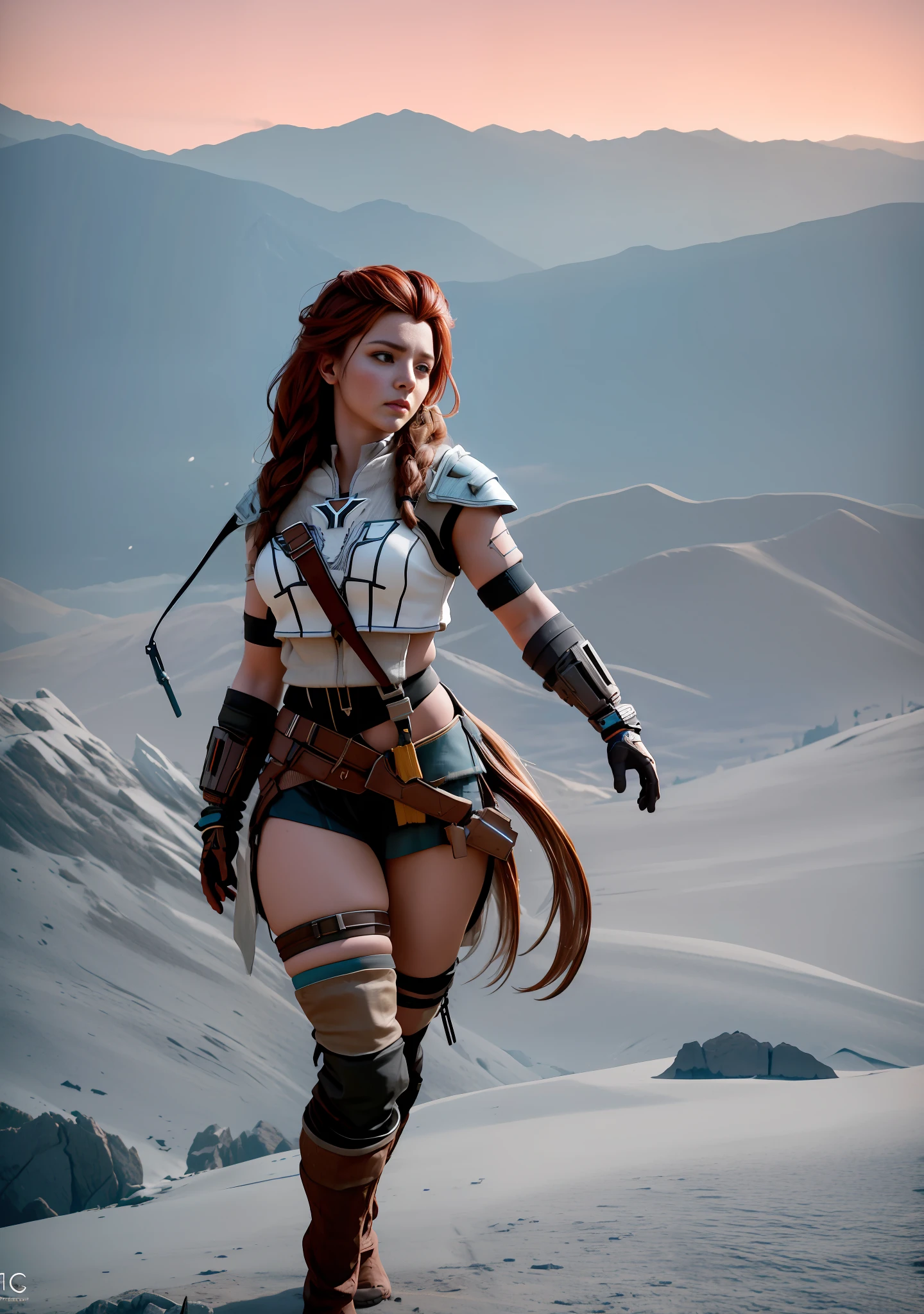 amazing beautiful background,epic movie poster ,professional photo portrait, a sexy argentinian woman as Aloy from horizon zero down, real life photo, liveaction, on a top of a mountain, background for wallpaper, trending on artstation, unreal engine 5, beautiful clear natural lighting, professional lighting, dramatic lighting, FOV, depth of field