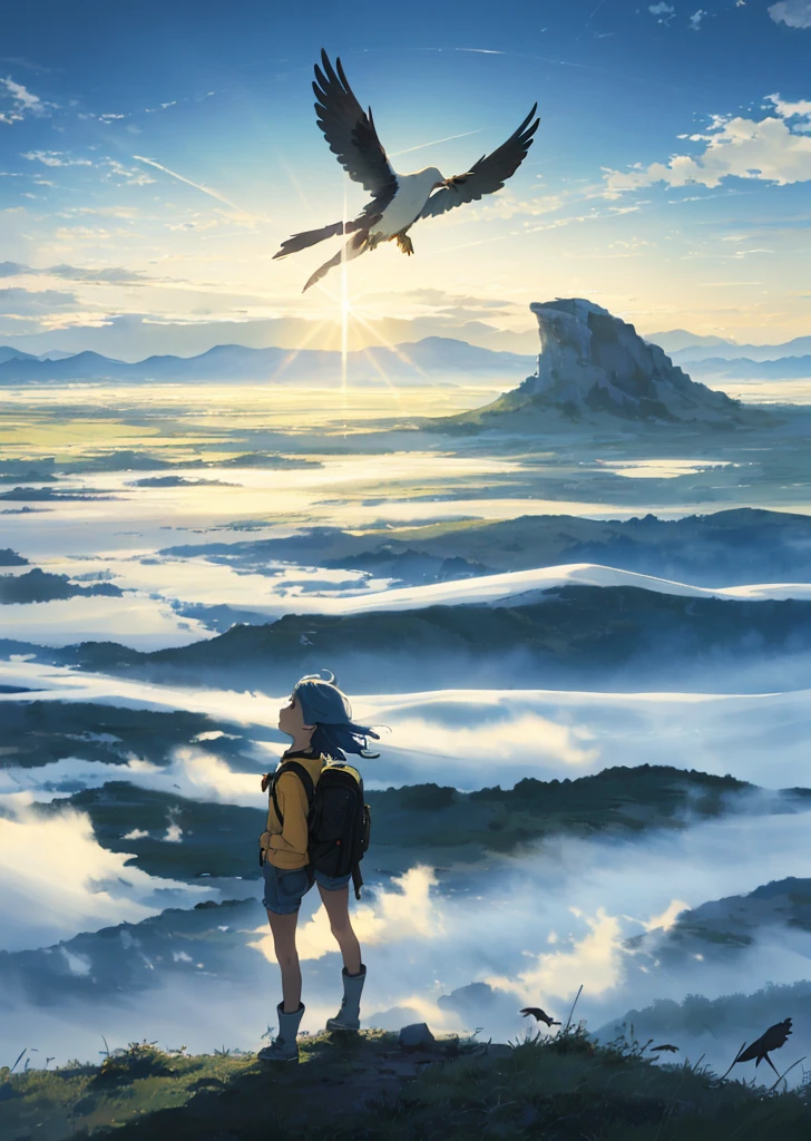 ((The vast sky+large grassland+breathtaking scenery: 1.2+dramatic picture),(beautiful skyline+high hanging Polaris+colorful natural light+best illumination)), moving visual effects,((1girl)+ Long-sleeved top + denim shorts + backpack + delicate face: 1.2), (dark hair + yellow hair + green hair: 1.3), dynamic pose: 1.2, ((wide shot + dynamic angle + delicate framing), (flying birds:0.9+flowing clouds:0.9)),((watercolor+gradient color effect):0.9), leaves