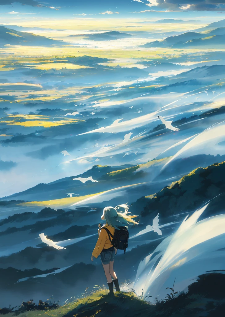((The vast sky+large grassland+breathtaking scenery: 1.2+dramatic picture),(beautiful skyline+high hanging Polaris+colorful natural light+best illumination)), moving visual effects,((1girl)+ Long-sleeved top + denim shorts + backpack + delicate face: 1.2), (dark hair + yellow hair + green hair: 1.3), dynamic pose: 1.2, ((wide shot + dynamic angle + delicate framing), (flying birds:0.9+flowing clouds:0.9)),((watercolor+gradient color effect):0.9), leaves