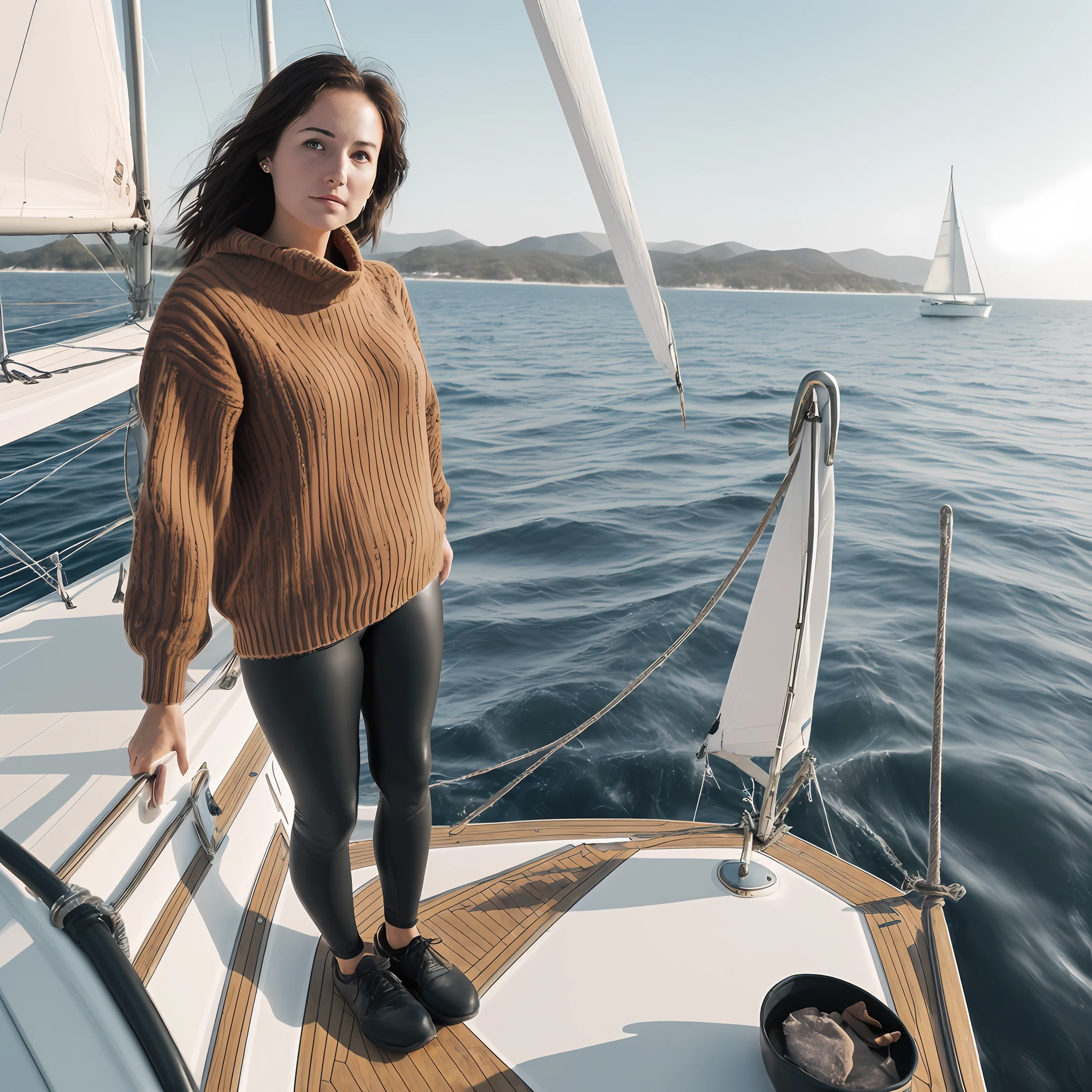One woman on a sailboat, high resolution, high detail, photography, brown sweater, black leggings, black shoes, at the helm