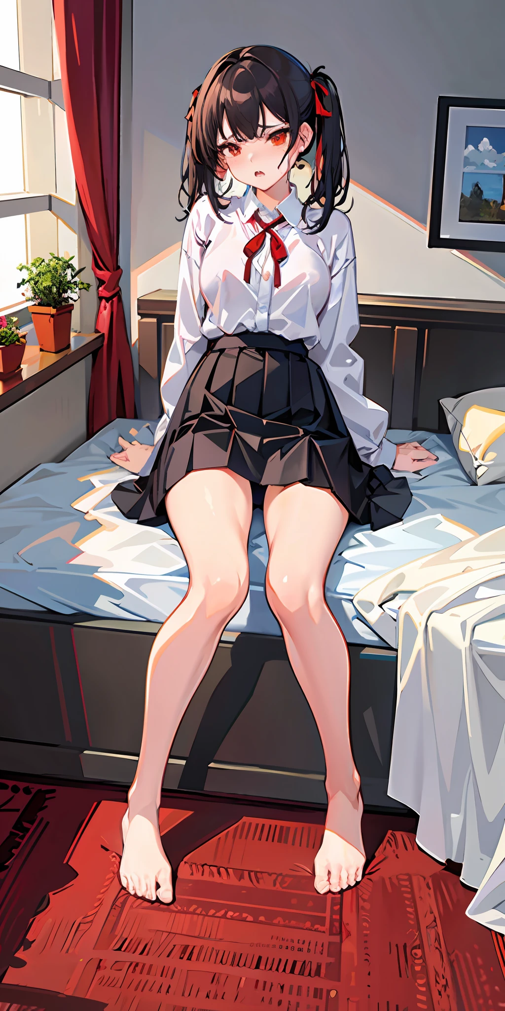 Masterpiece, Best quality, High resolution, Solo, Indoors, White shirt, Black skirt, Red ribbon, Undressed, Underwear, Sprawled, Angry, Bed, Disheveled clothes, Orange sunset, Dark, Nursery