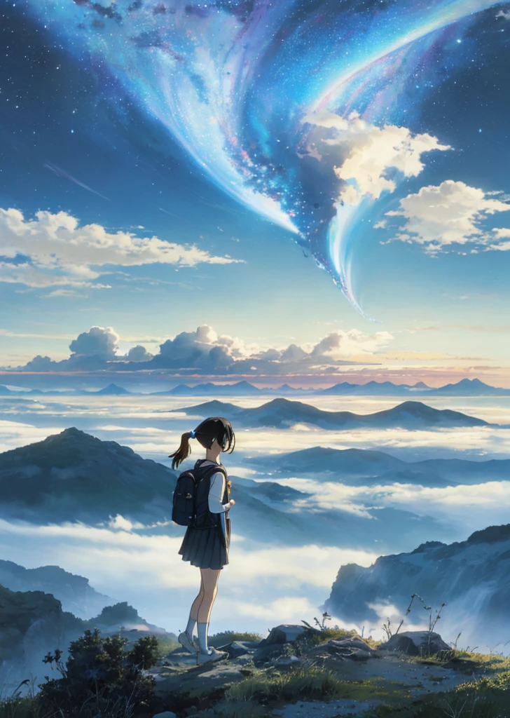 (The vast sky+beautiful skyline+large grassland: 1.2+tension+drama+moving visual effects+hanging North Star+colorful natural light), (1girl), carrying a backpack, long-sleeved top, denim shorts, (brown hair+ ponytail: 1.2), mysterious, move forward, (white gloves | hand-held items), (atmospheric long skirt | skirt), (shoulder bag: 0.9 | backpack: 1.1), white tendon socks, colorful nature, sky clouds, mountain top, Sea, starry sky: 0.8