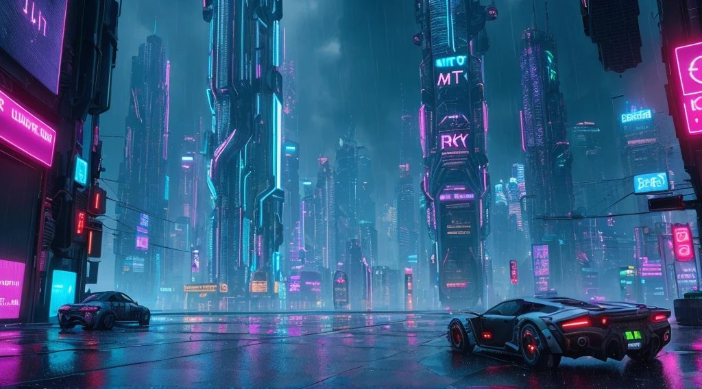 (best quality, ultra-detailed CG unity 8k wallpaper), extremely detailed, futuristic, cyberpunk city, neon lights, rain, wet sidewalks, tall skyscrapers, flying cars, dynamic angle, wide shot