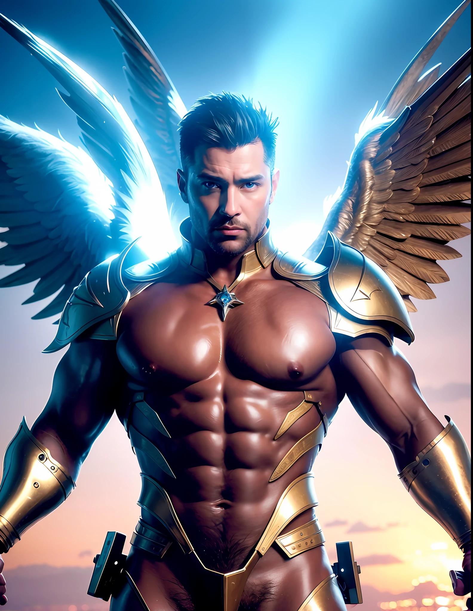 ultra high res, best quality, photo, 4k, (photorealistic:1.4), cinematic lighting, a male angel with large translucent wings,muscular man, abdominal muscle, wearing medieval gold armor, detailed feathers, cyberpunk environment, snow and ice environment in the background, cathedral of ice, portal of the future, volumetric light, HD, magic, god light, backlighting, detailed face, contrapposto, smooth skin