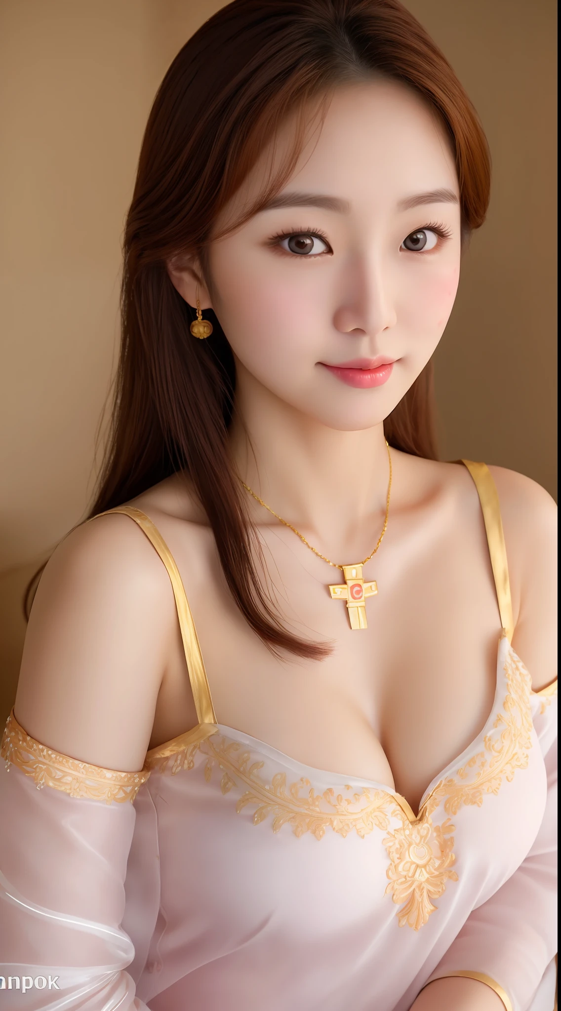 A realistic photo of (1 cute Korean heroine) with medium hair, a slight smile, and light makeup. Medium breast size, in Thai traditional outfit, wearing a necklace, Canon EOS, 35mm lens, clear face, 8K high definition, sharp and realistic details.