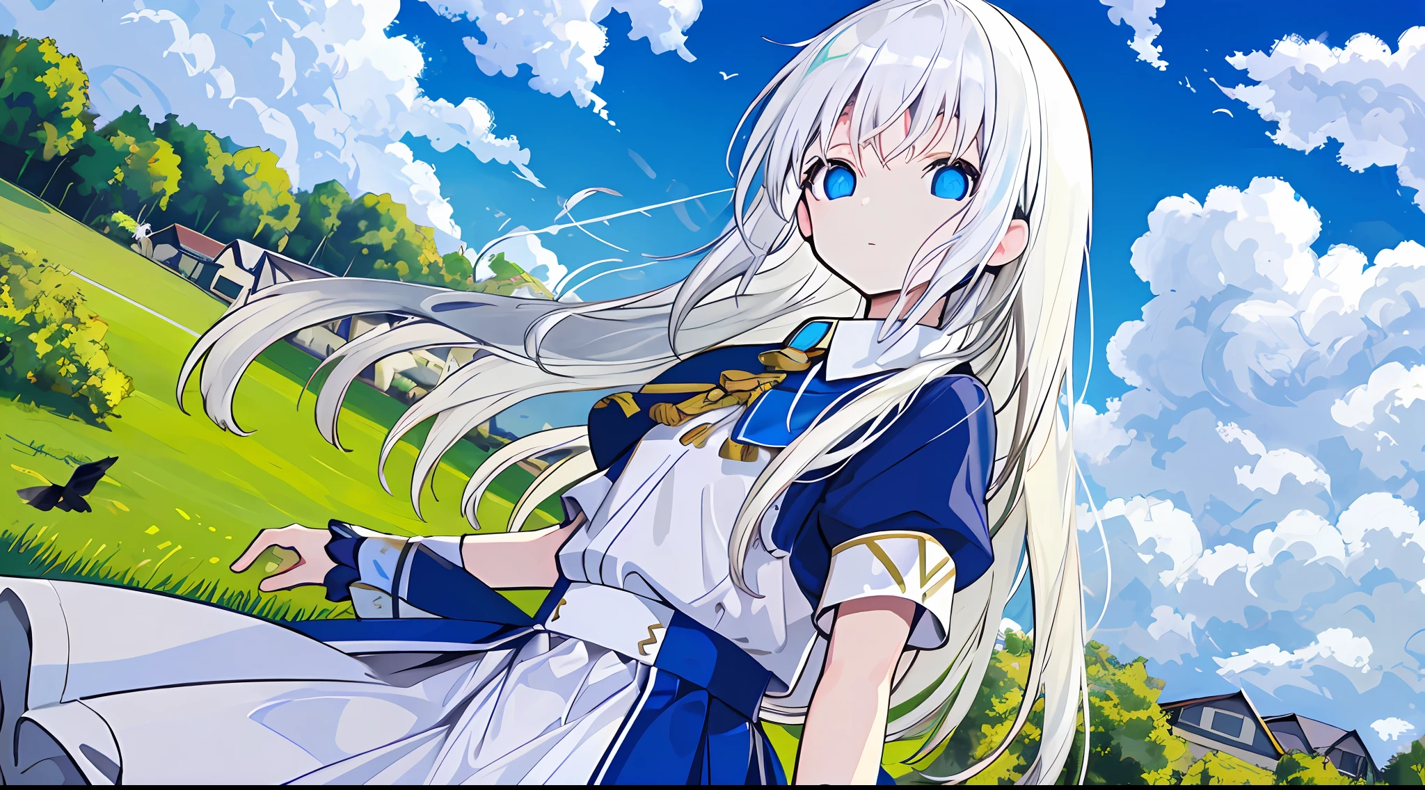 Blue sky, grass, suburbs, birds, white clouds, white hair, big blue eyes, long hair, skirt made of clouds