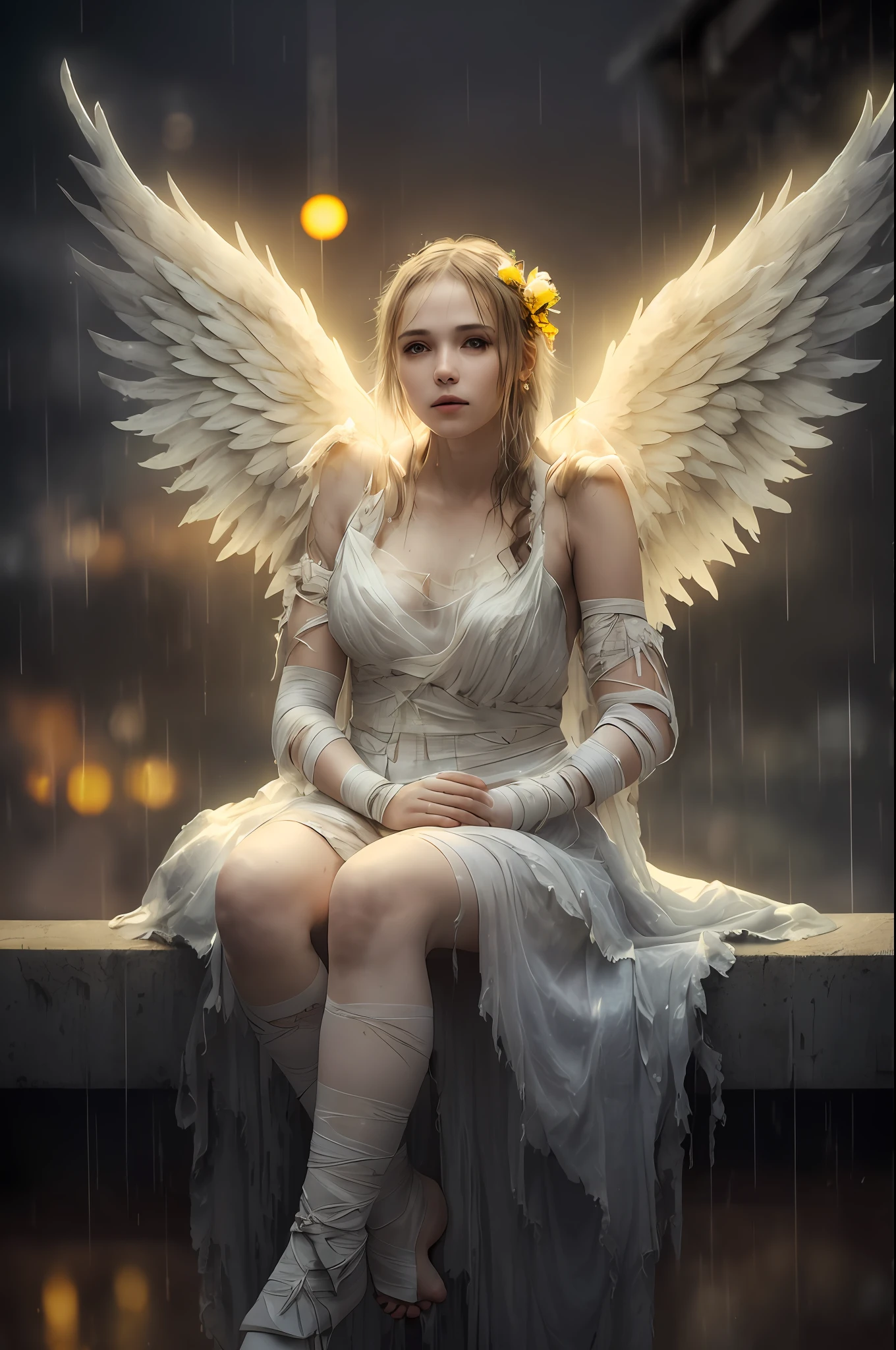 a woman with angel wings, in a white dirty torn dress with bandages on her arms and legs, sitting on a ledge, sitting against the background of yellow and blue lights, rain, muted colors, bokeh ((masterpiece, best quality)), high detail, detailed face, blood particles, full body