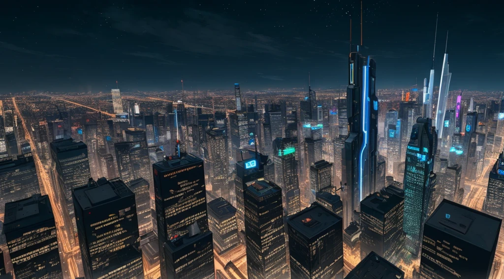 masterpiece, best quality, ultra-detailed CG unity 8k wallpaper, extremely detailed view of a cyberpunk cityscape from a rooftop, night, overcast, towering skyscrapers, distant cars, flying drones, desaturated