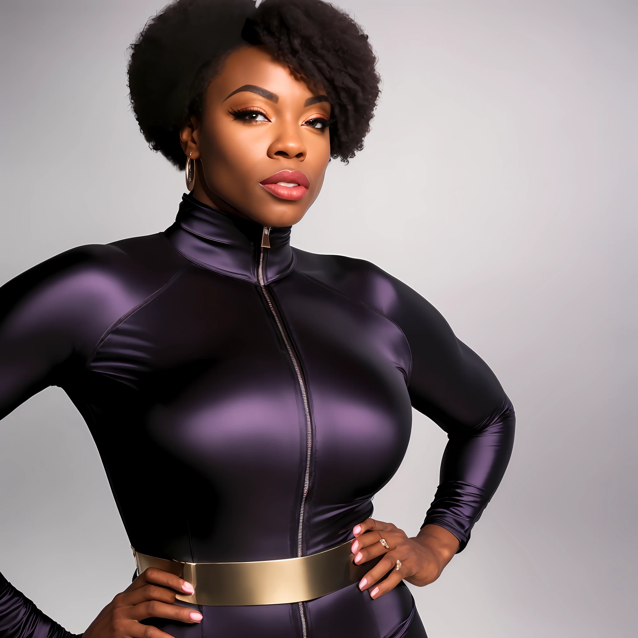 fully covered in satin, muscular, beautiful attractive muscular black woman, front zipper all the way up, full satin long sleeve extremely tight satin catsuit with extremely tight high collar, extremely tight chain belt, zipped up, vampire teeth, beautiful eyes, swim cap, low exposure, no cleavage, vampire teeth