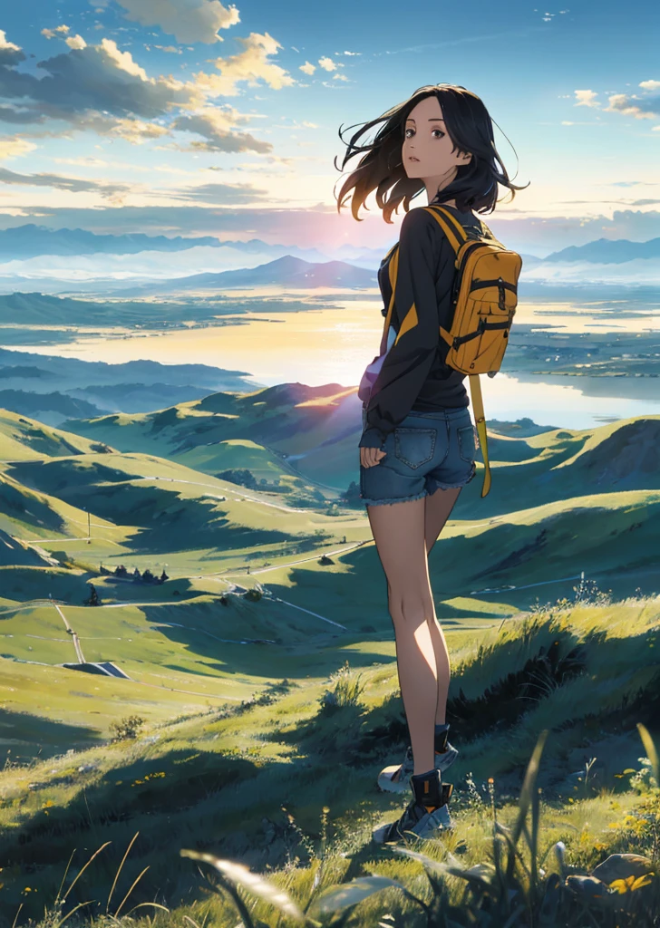 The vast sky, beautiful skyline, large grasslands, extremely tense and dramatic pictures, moving visual effects, the high-hanging Polaris, and colorful natural light. Long-sleeved top, denim shorts, and a girl with a backpack.