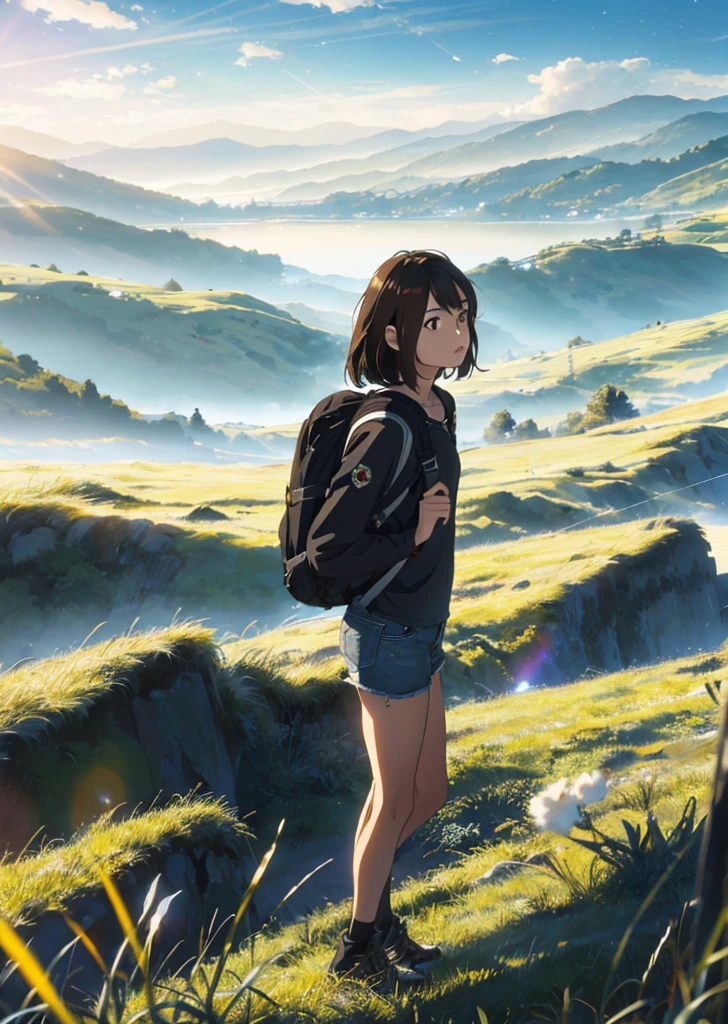 (beautiful and magnificent skyline, majestic sky), (extremely tense and dramatic pictures, moving visual effects), (high hanging Polaris, colorful natural light), (1girl), (long-sleeved top, denim shorts, carrying a backpack), (dynamic pose:1.3, black eyes, black hime-cut hair, sparkling girl)[:0.8], (large grassland), (oncoming breeze), (brown hair and background Coordination effect: 1.2), (close shot, long shot mix and match)[::0.9]