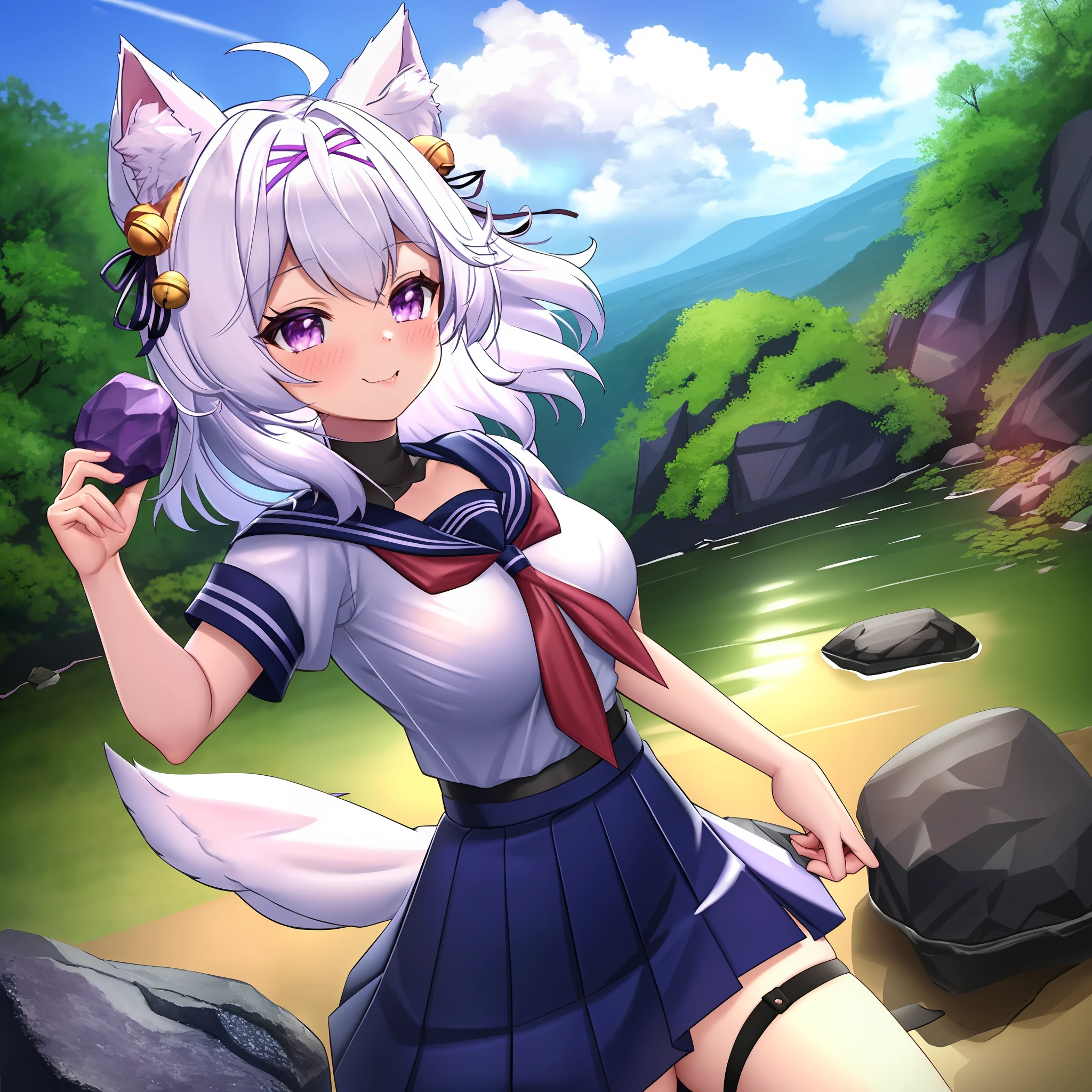 Filian, cat ears, fluffy cat tail, masterpiece, best quality, wallpaper, HDR, CG, high quality, high-definition, extremely detailed, close up, solo, dynamic pose, full body, small breast, cute face, hair tie, bells in hair, school uniform, hdr, ray tracing, nsfw, purple eyes, seductive look, looking at viewer, blush, stripping, (((about to eat an rock))), (((eating a rock)) ((forest background)), (((holding a rock in both hands)))
