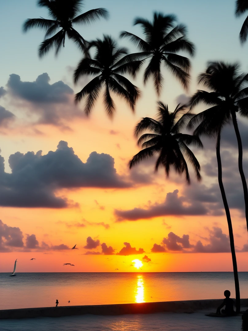 At the seaside, there are sunsets and coconut trees, and the little boy is watching dolphins jumping out of the sea