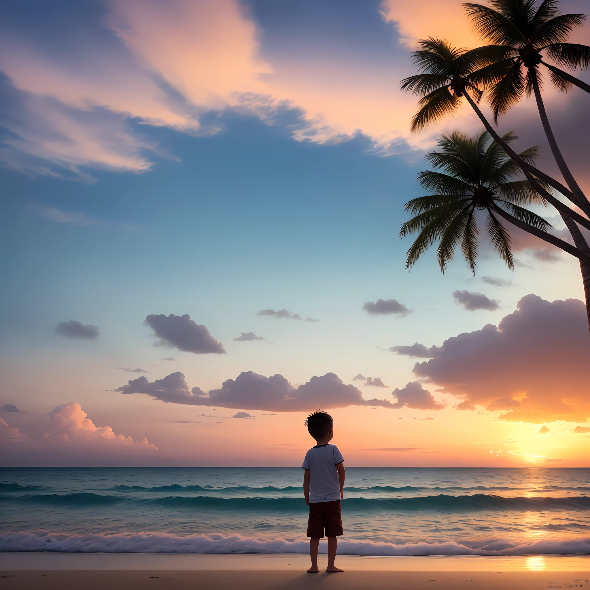 At the seaside, there is a sunset glow, coconut trees, and a baby boy blowing the sea breeze
