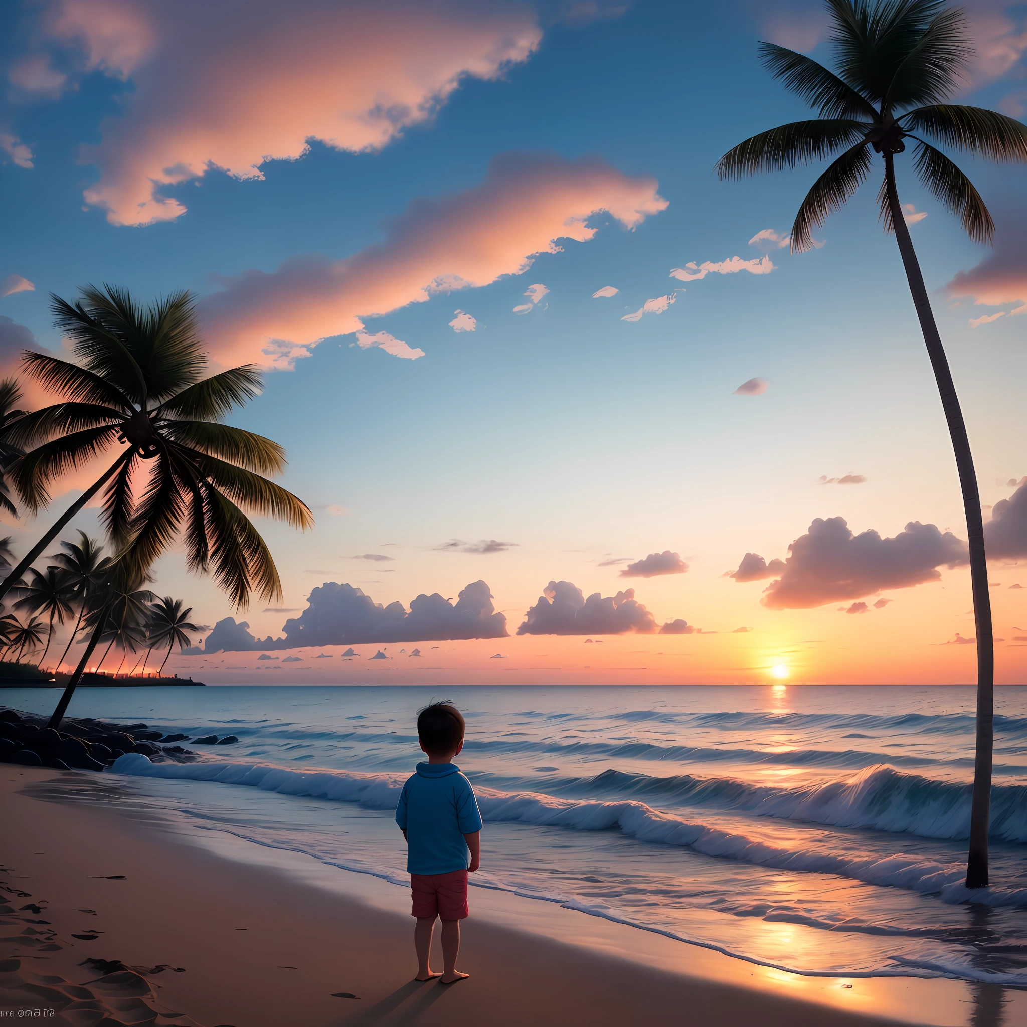 At the seaside, there is a sunset glow, coconut trees, and a baby boy blowing the sea breeze