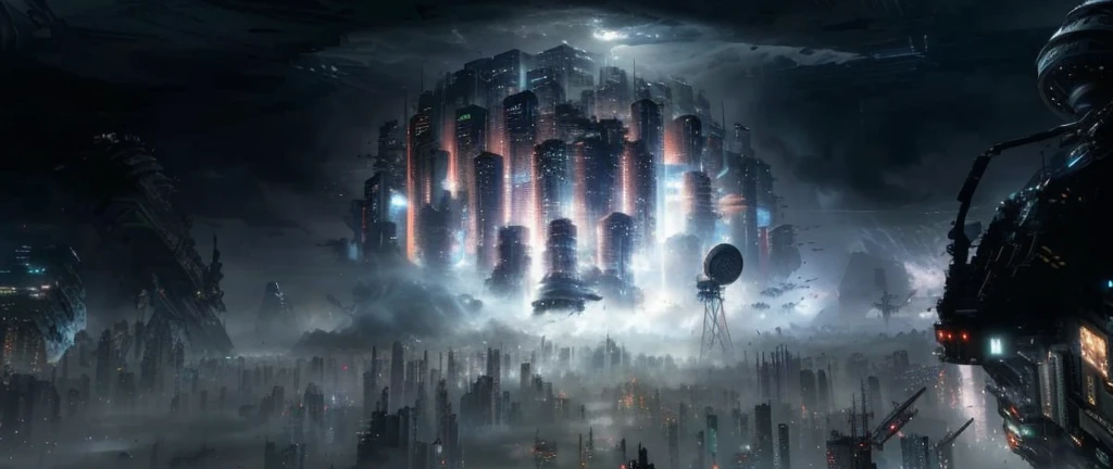 Futuristic cityscape, realistic lighting, (Abyss) masterpiece, high quality, beautiful graphics, high detail, epic sci-fi, dystopian sci-fi apocalypse