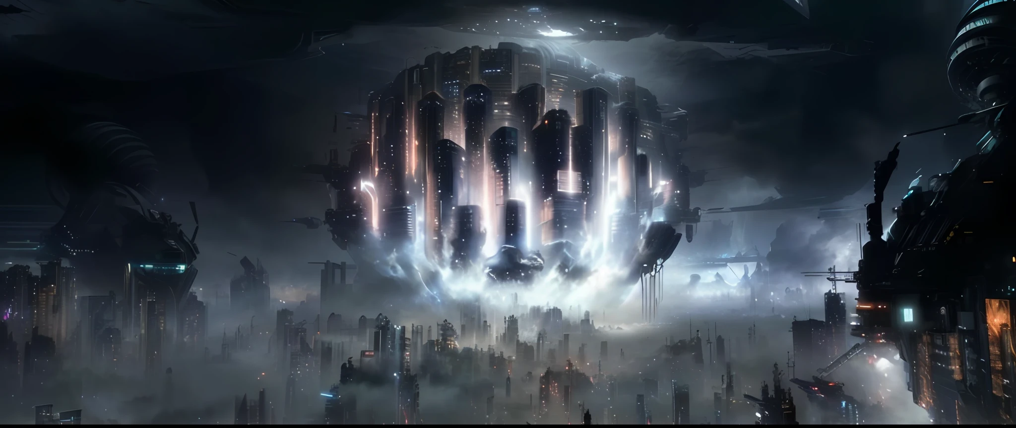 Futuristic cityscape, realistic lighting, (Abyss) masterpiece, high quality, beautiful graphics, high detail, epic sci-fi, dystopian sci-fi apocalypse