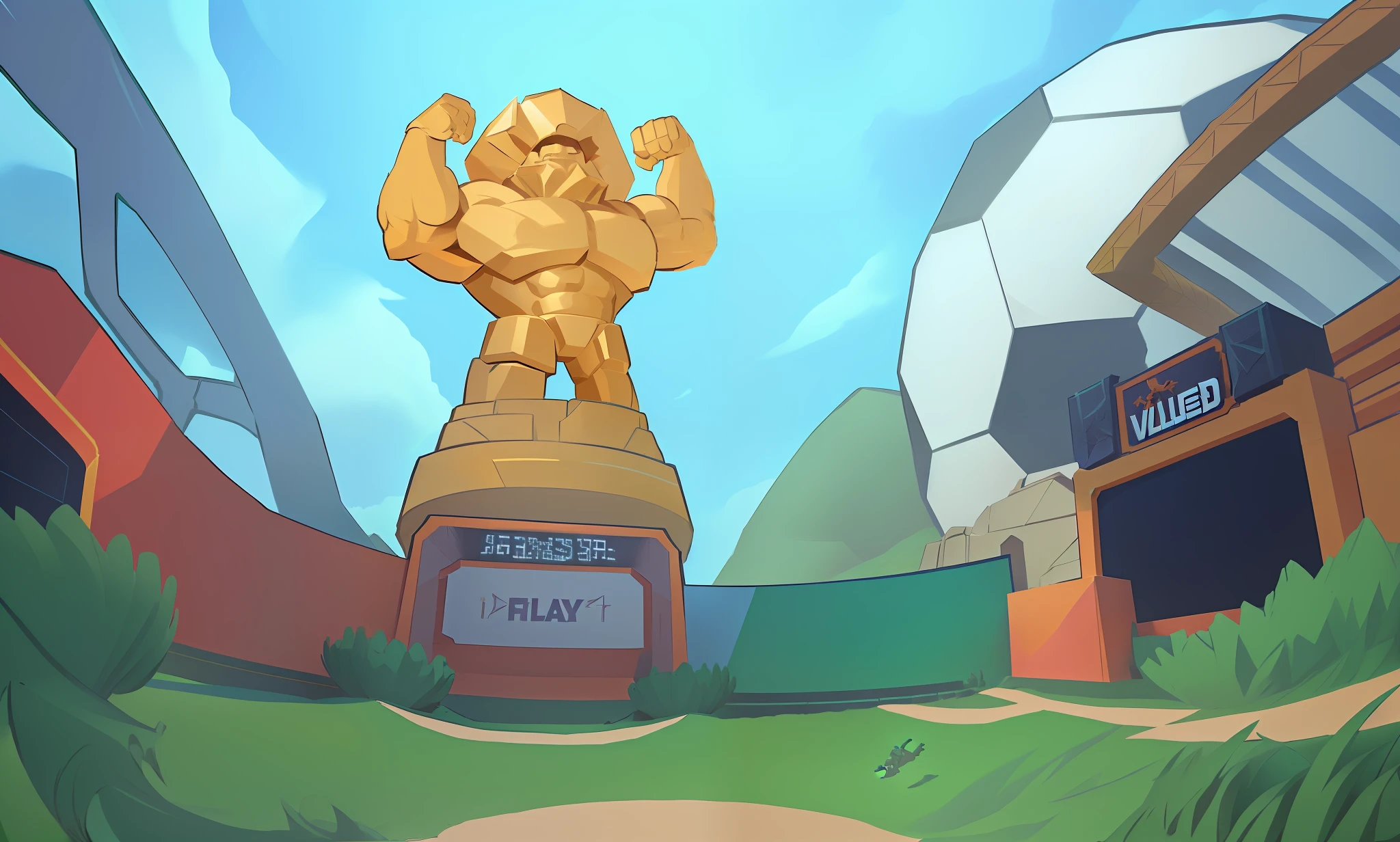 cartoon of a giant statue of a man with a giant arm, big titan creature in the center, giant gold head statue ruins, giant clay statue, background artwork, mobile game art, arena background, splash art brawlstars, game illustration, very buff, posing like a statue, golem, official artwork, muscular!, volley court background, playrix games