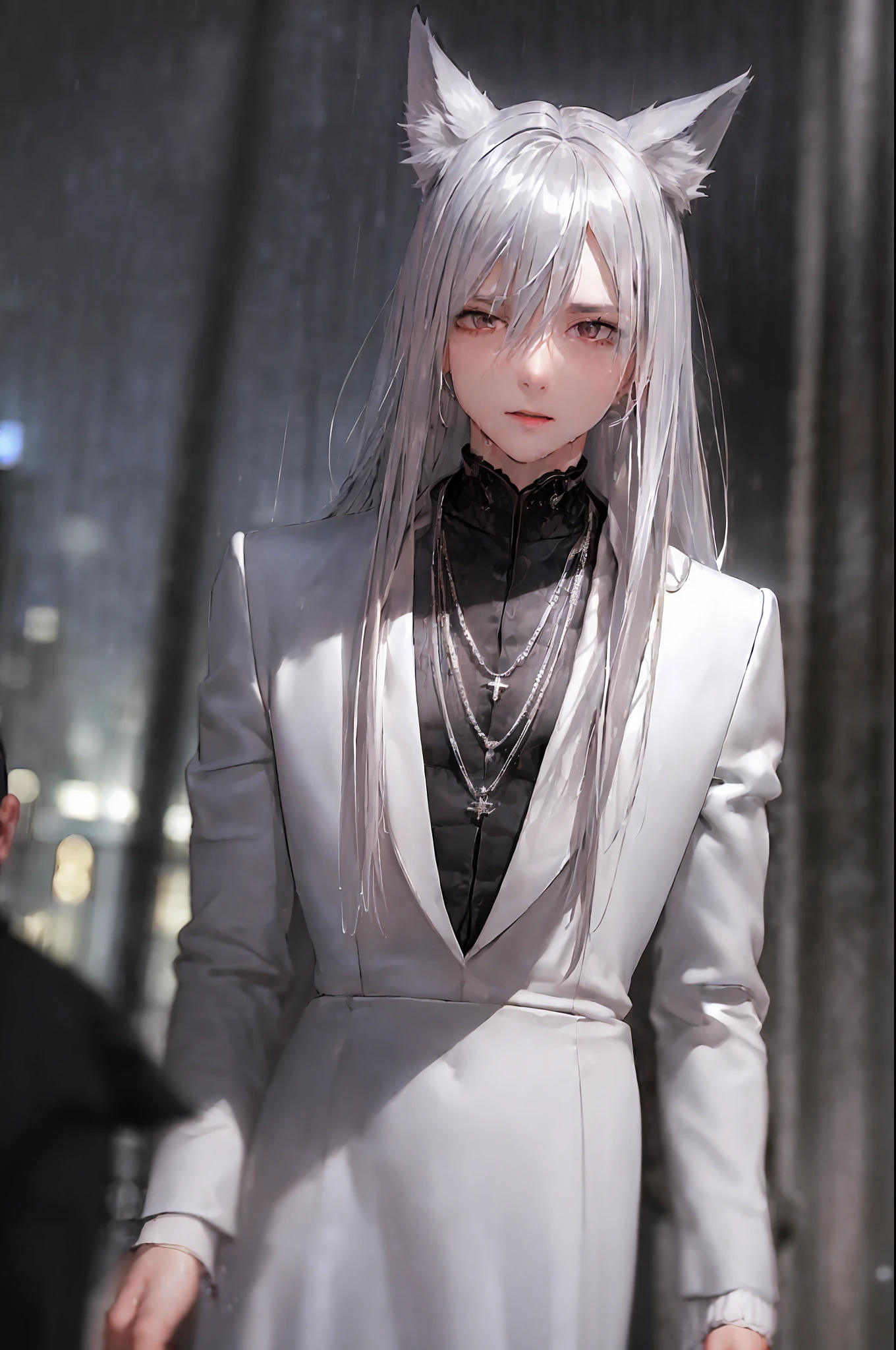 (8k, best quality, Masterpiece: 1.2),((((((2 man))))), portrait, ((((black hair) man in black suit)) and ((((silver hair) man in silver suit) ),necklace,red pupils,sexy,cityscape,night,rain,wet,professional lighting,photon mapping,radiosity, physical rendering,(mature male: 1.1),vampire boss and man with wolf ears, (exquisite and detailed, decent dress, ),