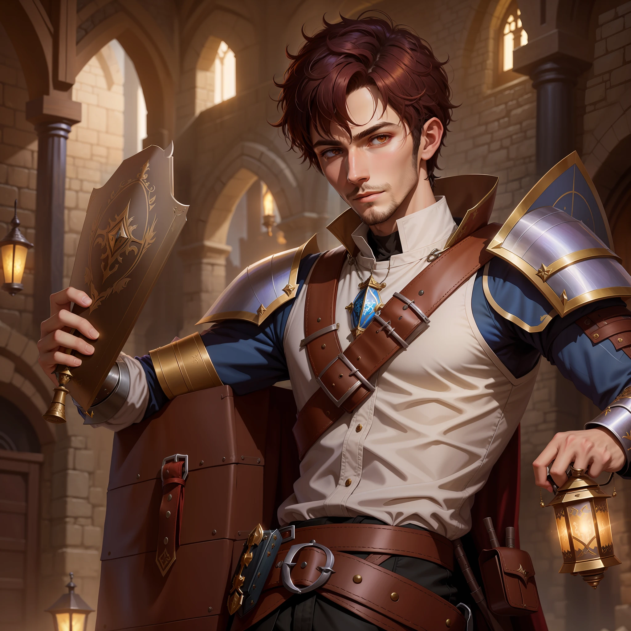 there is a man in a medieval outfit holding a lantern, artwork in the style of guweiz, full portrait of magical knight, portrait of a young elf wizard, a human male paladin, picture of a male cleric, rpg book portrait, arsen lupin as a paladin, handsome guy in demon slayer art, male paladin, rpg portrait concept art, thin beard