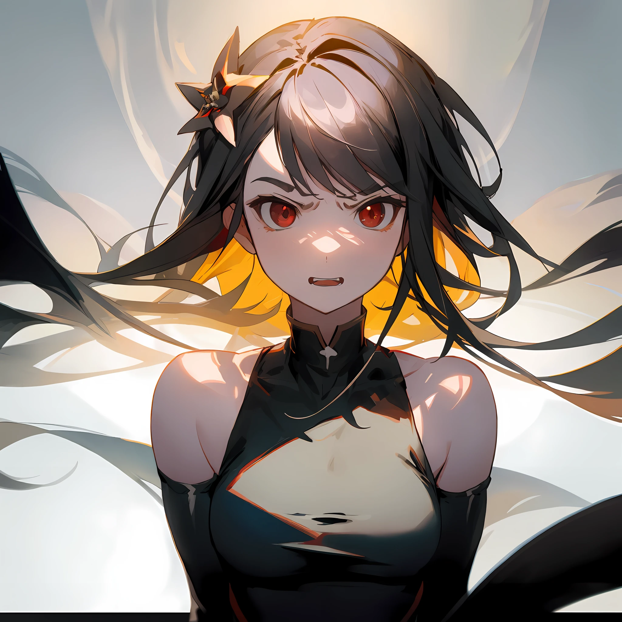 Angry expression with open mouth, teeth showing, red eyes,