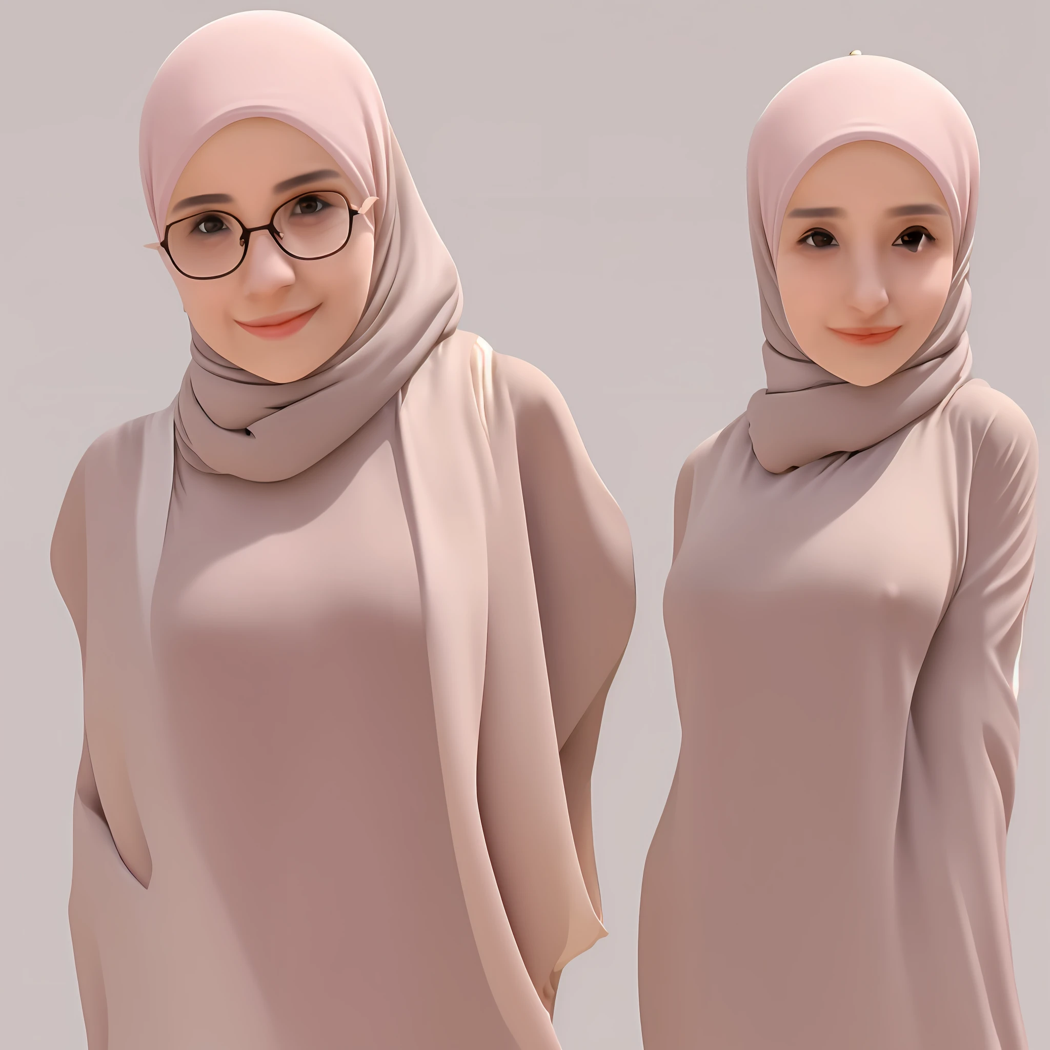 Prompt: Best quality, masterpiece, ultra high res, beautiful, excite,  full body, small boobs, perfect body, nude, naked, , pubic hair, glasses, sexy pose, (hIjab:1.5)