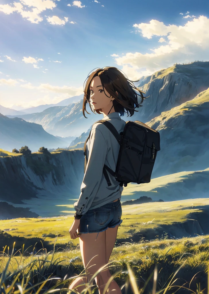 (beautiful and magnificent skyline, majestic sky), (extremely tense and dramatic pictures, moving visual effects), (high hanging Polaris, colorful natural light), (1girl), (long-sleeved top, denim shorts, carrying a backpack), (dynamic pose:1.3, black eyes, black hime-cut hair, sparkling girl)[:0.8], (large grassland), (oncoming breeze), (brown hair and background Coordination effect: 1.2), (close shot, long shot mix and match)[::0.9]