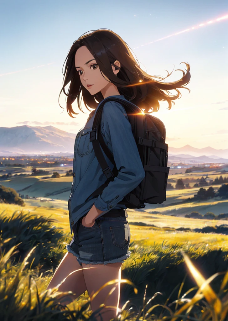 (beautiful and magnificent skyline, majestic sky), (extremely tense and dramatic pictures, moving visual effects), (high hanging Polaris, colorful natural light), (1girl), (long-sleeved top, denim shorts, carrying a backpack), (dynamic pose:1.3, black eyes, black hime-cut hair, sparkling girl)[:0.8], (large grassland), (oncoming breeze), (brown hair and background Coordination effect: 1.2), (close shot, long shot mix and match)[::0.9]