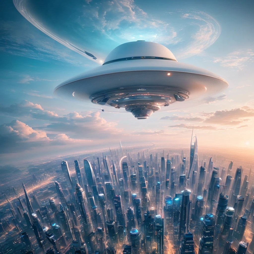 (future city), (intelligence), (humanization), (digitalization), (diverse) city, ((flying saucers and spaceships in the sky)), vision (wide-angle lens), ultra-high resolution (authenticity) : 1.4), super high quality, extremely detailed CG Unity 8k wallpapers, aesthetics, award winning photography, photorealism, high detail, detail enhancement, blur removal, intricate, travel art. Visually stunning. Beautiful future city, beautiful city, dream land of Chinese people, pexels, blue hour photography, Chinese dreamland, spectacular clouds, fantasy clouds.