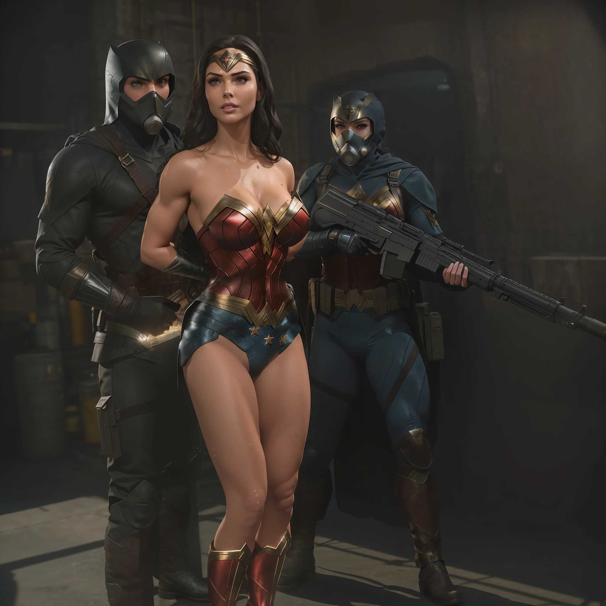 Standing next to a man wearing a gas mask and holding an AK-47, another man whose face is covered by a mask holds Wonder Woman&#39;s legs bent backwards, heroic scene rendered in sfm, heroically posing in justice league , game capture 3d rendering, octane highly detailed cinematic, wearing hero costume, perfect military composure, hero action pose, regal hero pose, wonder woman, masked hero, film stills 8k, [(wonder woman), tiara, leotard, jewelry, star \(symbol\), bare shoulders, cleavage, strong realistic blue eyes, realistic dark hair, lips, long hair, makeup, natural skin texture, slightly tanned skin tone, realistic, muscular body (muscles: 1.2), ((strong and healthy body)), (( (extra) muscle))), (large breasts:1.2) thin waist, (perfect big hips and wide hips:1.2), (detailed skin), (( dirty)), (wet skin), sweating, (wet body), (beautiful and sexy woman), (looking at viewer:0.2), (puffy lips:0.9), girly, (eyelashes:1.2), prominent facial features , delicate hair, amazingly beautiful, extremely delicate skin, sweaty skin, perfect soft curves, perfect body, perfect breasts, perfectly wide hips, full lips, extremely fine muscle definition]