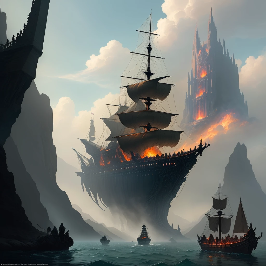 there are many people on a boat in the water with a fire, dramatic concept art, epic fantasy sci fi illustration, dark souls concept art, award winning concept art, epic fantasy concept art, amazing d & d dark sun art, award-winning concept art, award winning concept artist, intricate and epic concept art, extremely detailed concept art, fantasy concept painting
