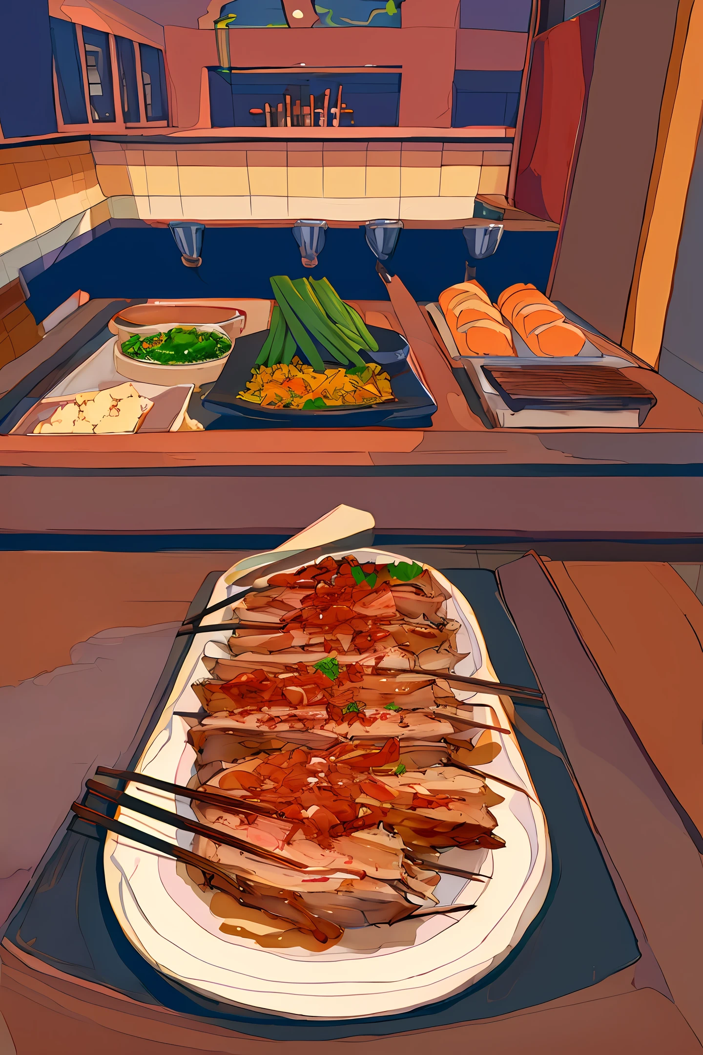 A plate, braised pork, chopsticks, tempting