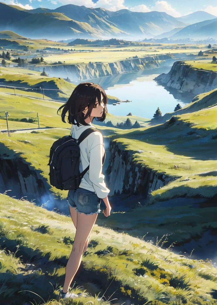 (beautiful and magnificent skyline, majestic sky), (extremely tense and dramatic pictures, moving visual effects), (high hanging Polaris, colorful natural light), (1girl), (long-sleeved top, denim shorts, carrying a backpack), (dynamic pose:1.3, black eyes, black hime-cut hair, sparkling girl)[:0.8], (large grassland), (oncoming breeze), (brown hair and background Coordination effect: 1.2), (close shot, long shot mix and match)[::0.9]