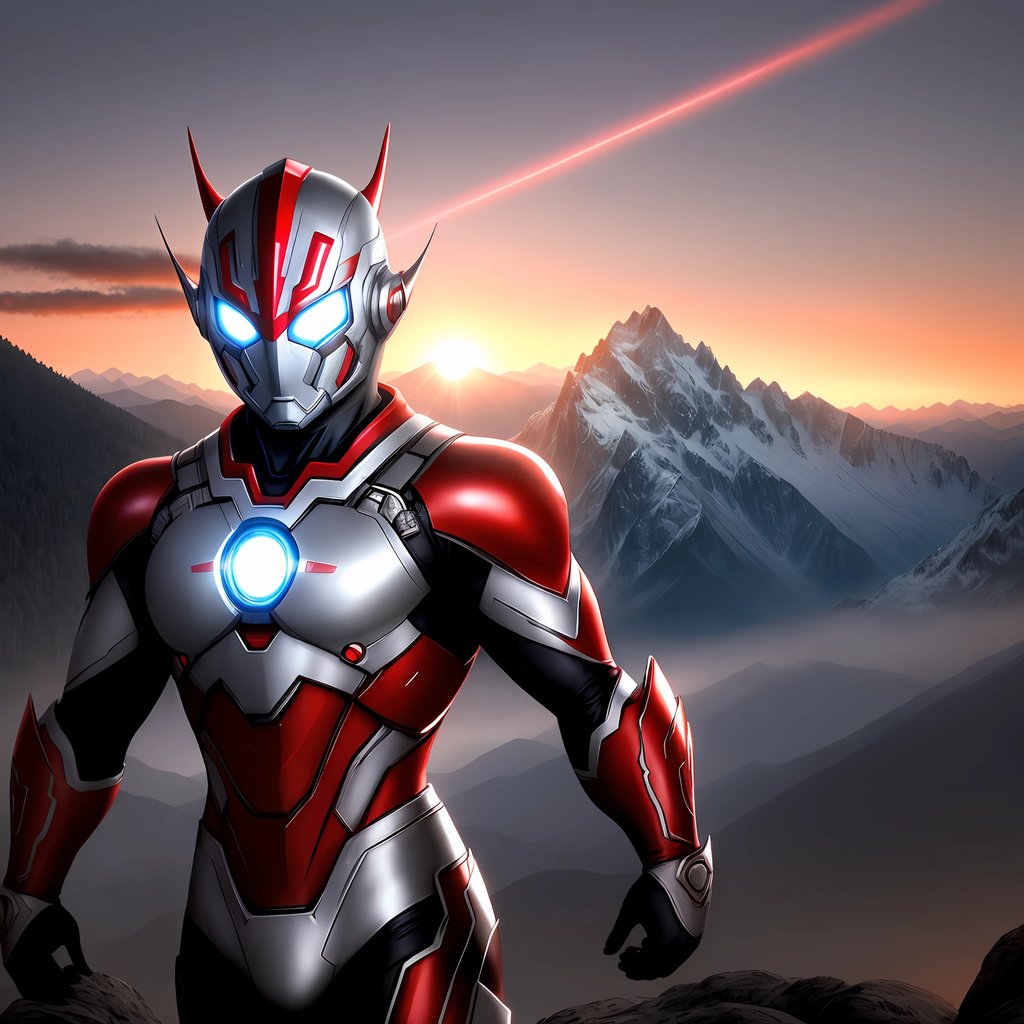 An Ultraman stands in the mountains, black, red and silver, with the setting sun shining on him