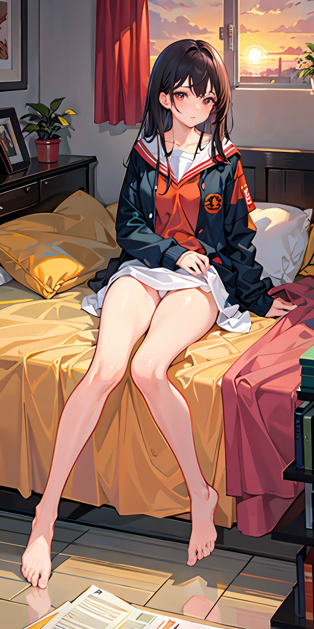 Masterpiece, Highest quality, High resolution, Solo, Indoors, Undressed, Underwear, Sprawled, Anxiety, Bed, Disheveled clothes, Orange sunset, Dull, High in nursery